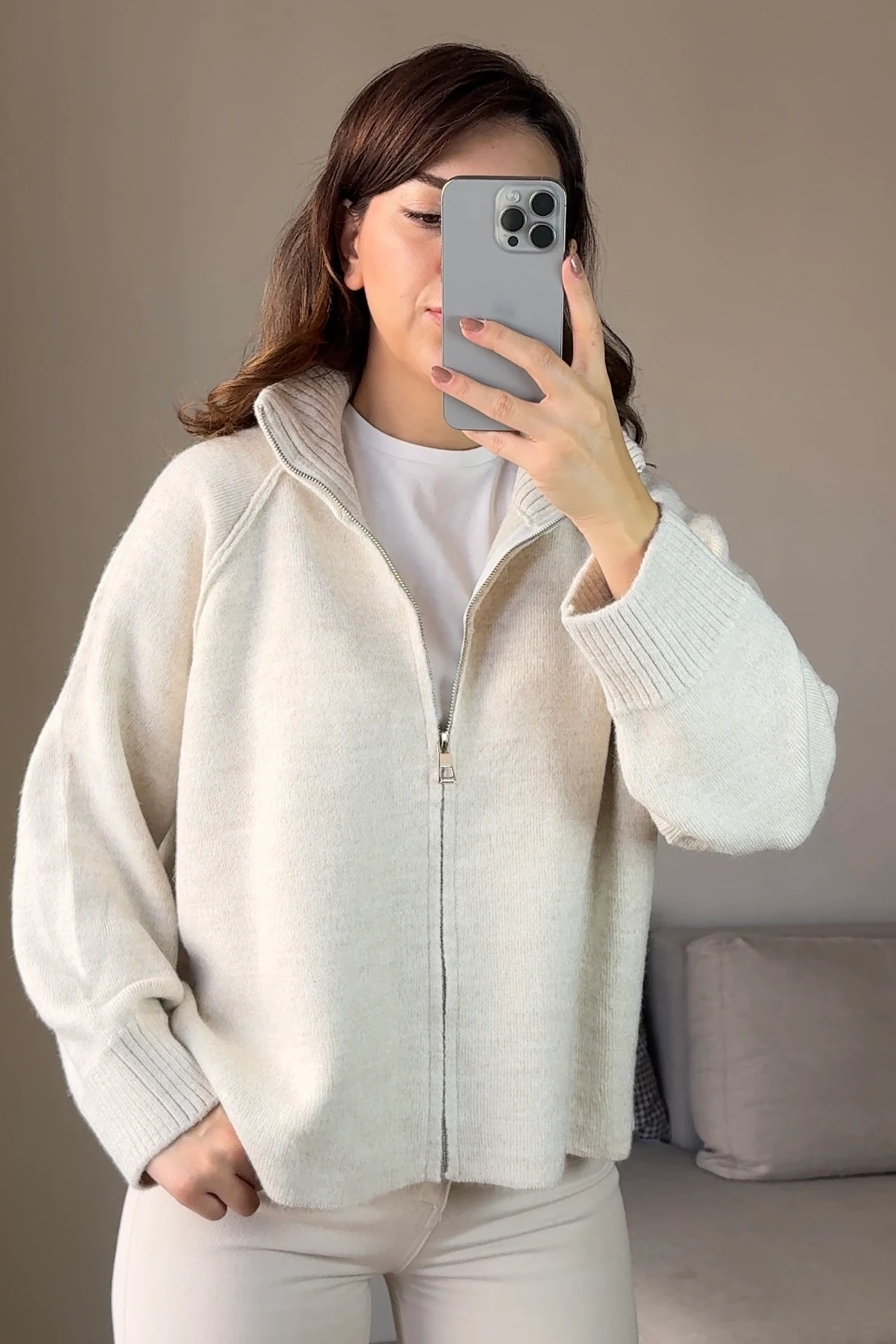 DİK YAKA FERMUARLI KALIN TRİKO HIRKA - Ekru