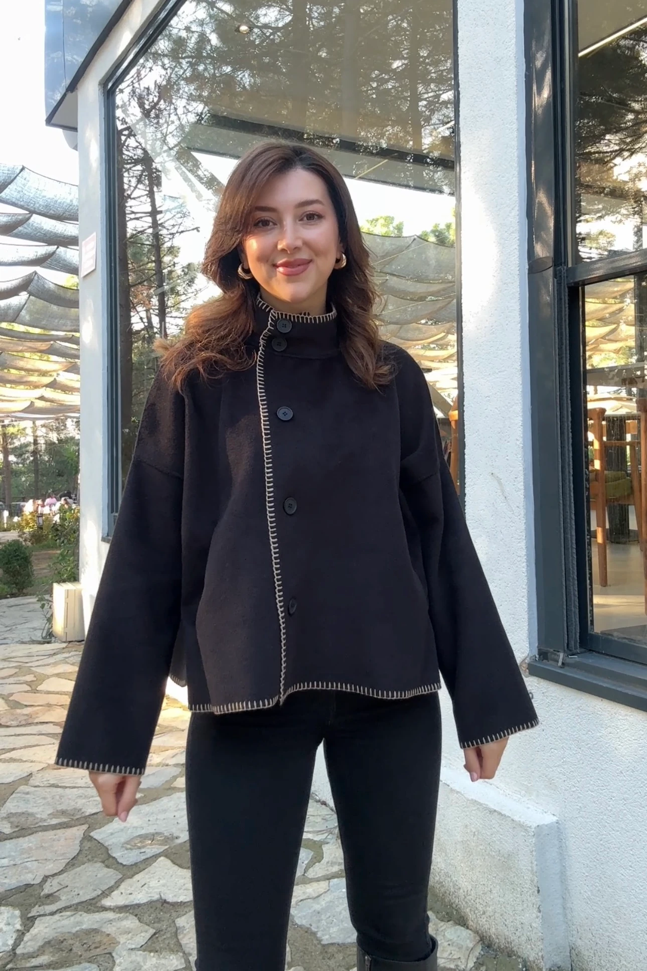 DİK YAKA YAN DÜĞMELİ KAŞE CEKET - Siyah