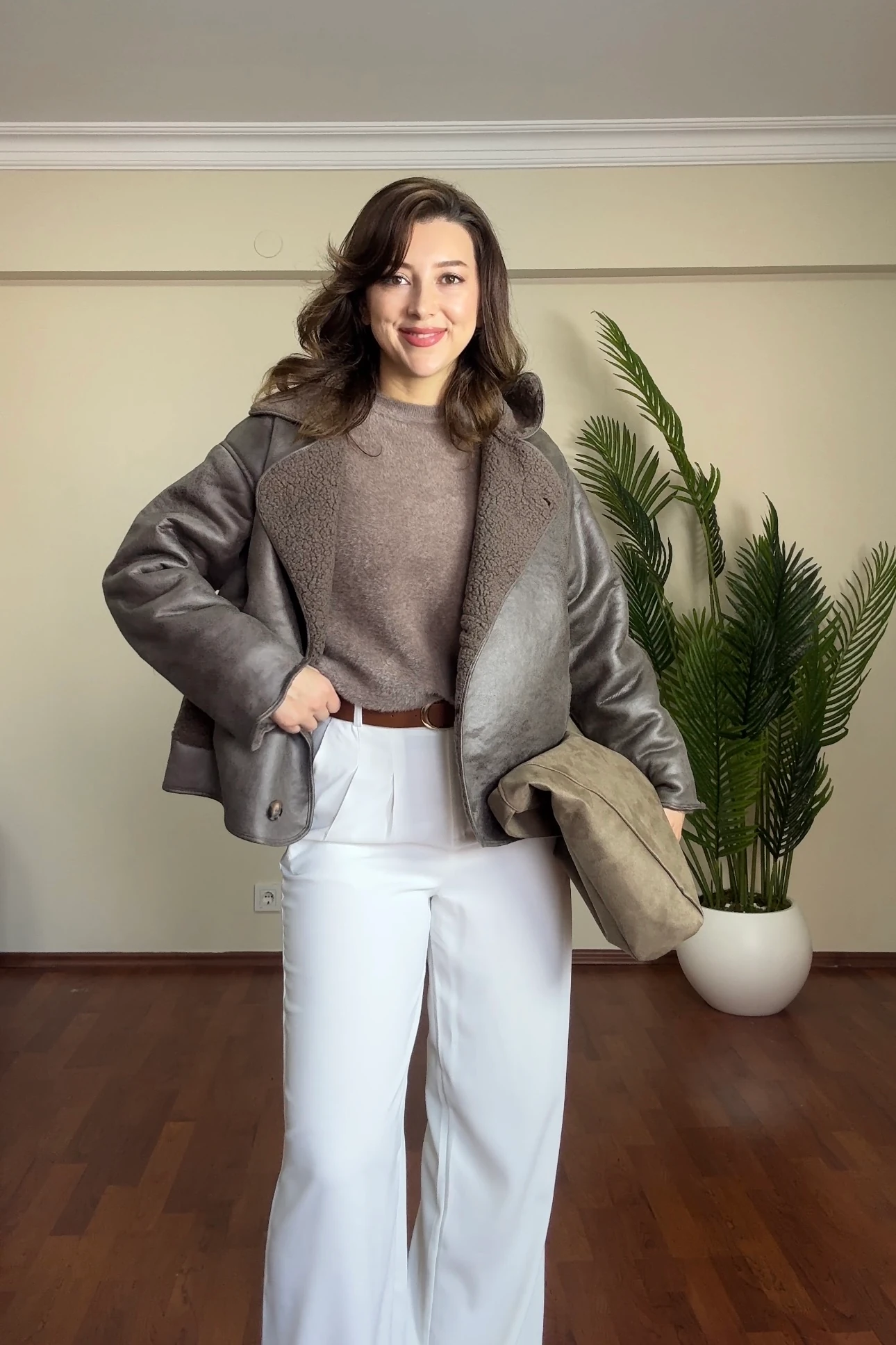 SUNİ KUZU KÜRKLÜ ZARA DERİ CEKET - Vizon