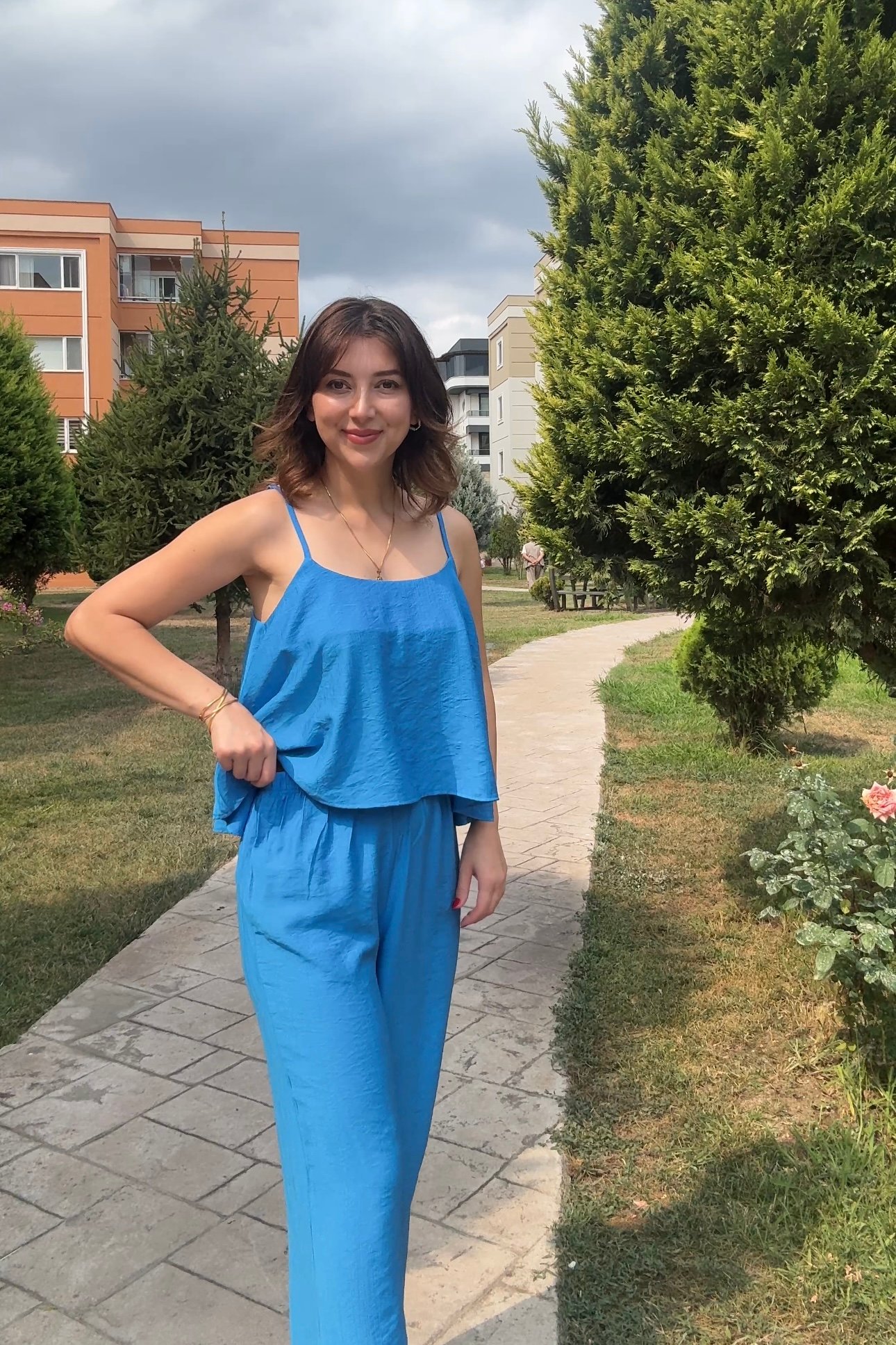 KRİNKIL KUMAŞ YÜKSEK BEL PANTOLON-BLUZ TAKIM