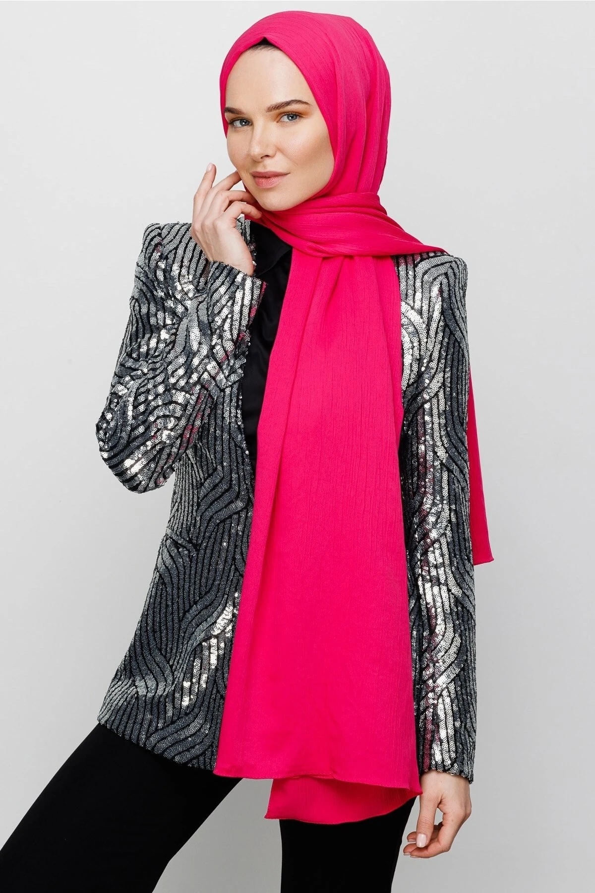 Toptan Krinkıl Medine İpeği Şal - Fuşya