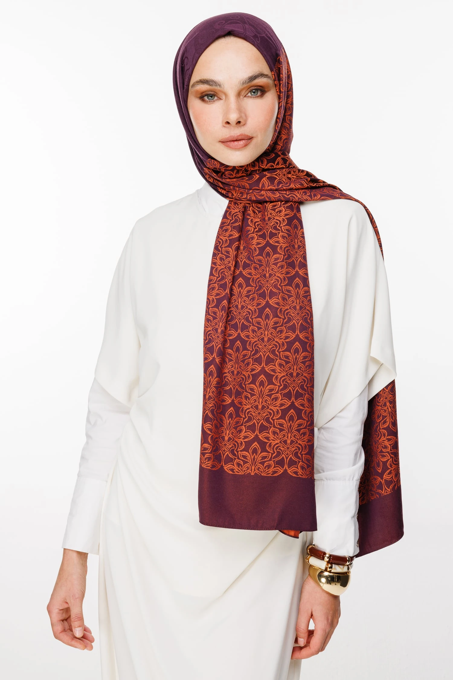 Toptan Nora Desen Çift Taraflı Şal - Mor-Turuncu