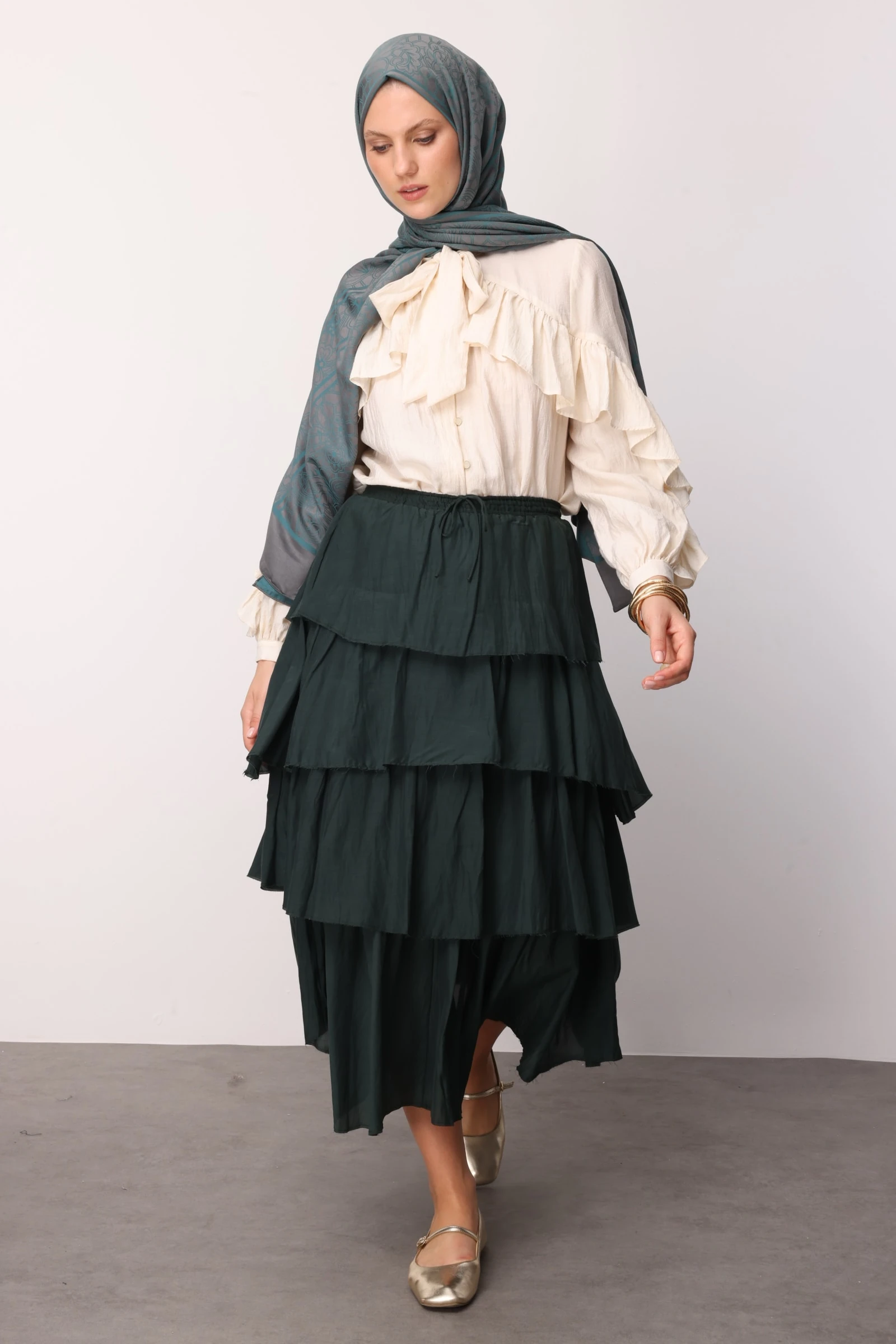 Toptan Lavin Desen Çift Taraflı Şal - Koyu Gri-Zümrüt