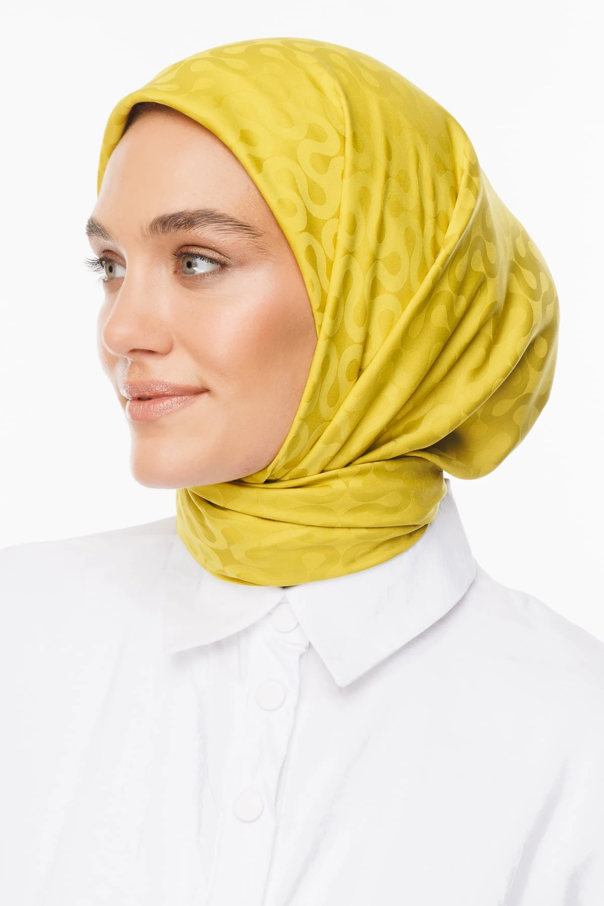 Toptan Moon Desen İpeksi Jakar Eşarp - Oliv Yeşili