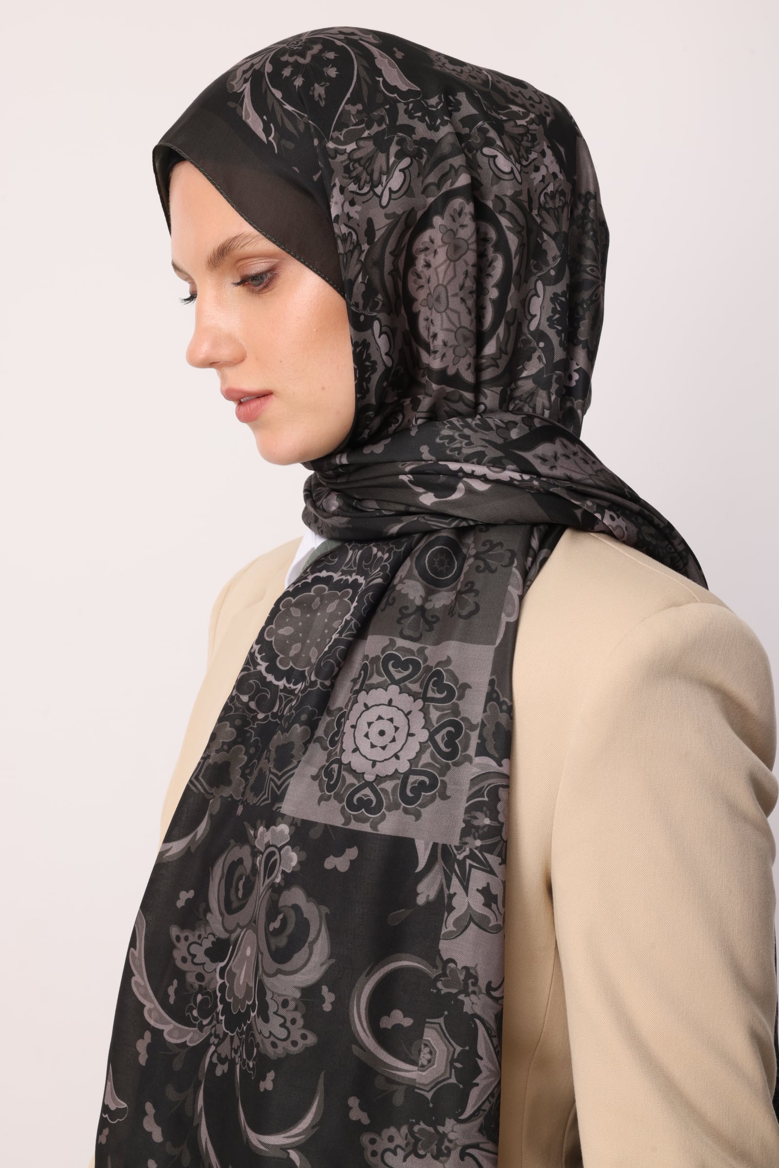 Toptan Solhar Desen Pamuk Şal - Haki