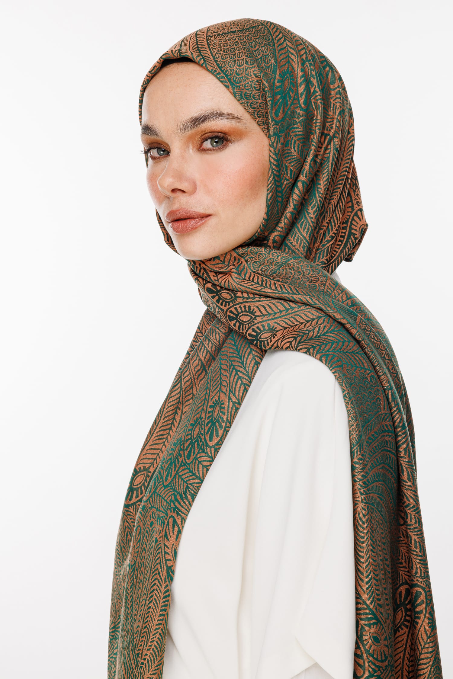 Toptan Mayra Desen Çift Taraflı Şal - Zümrüt-Kayısı