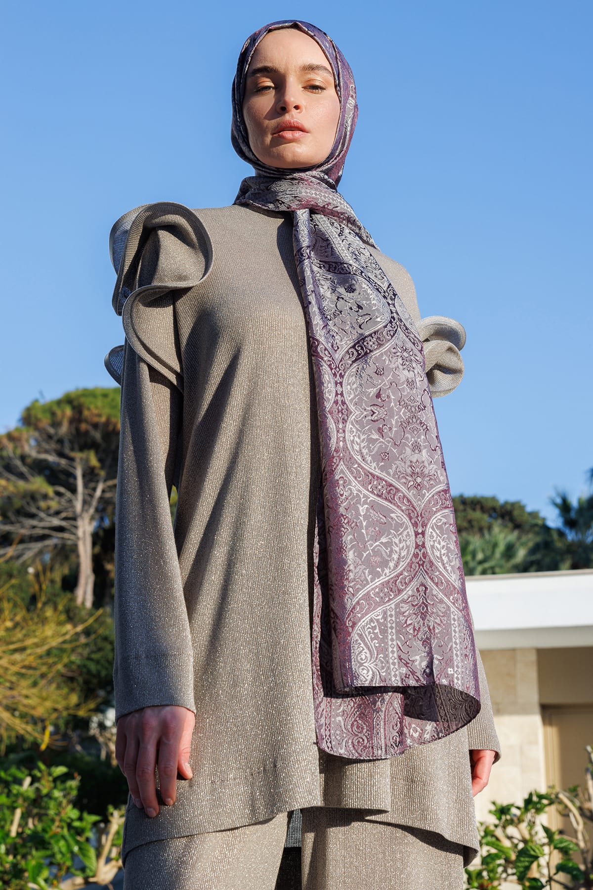 Toptan Soler Desen Shine Line Şal - Mor-Gri