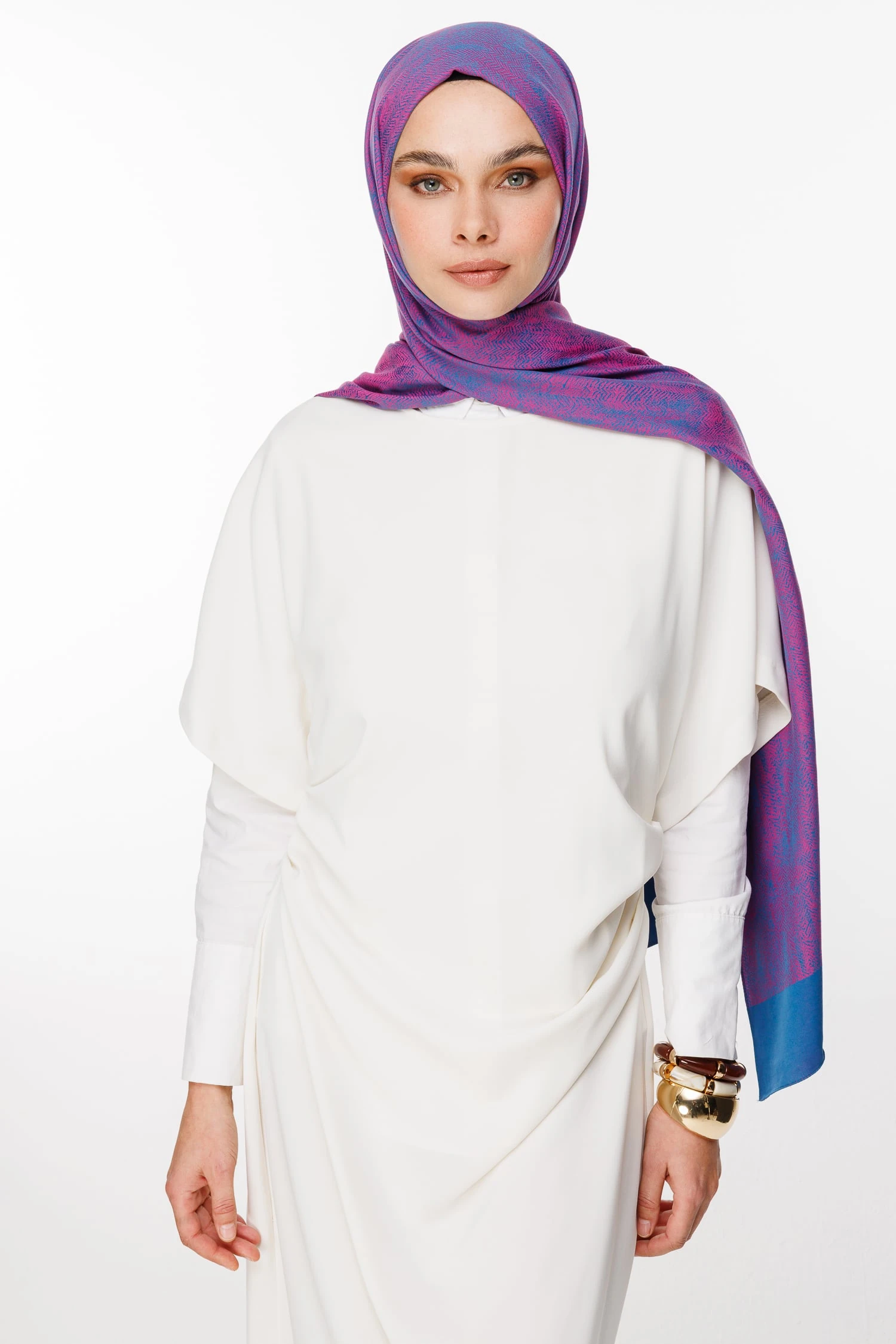 Toptan Sahra Desen Çift Taraflı Şal - Petrol Mavisi-Fuşya