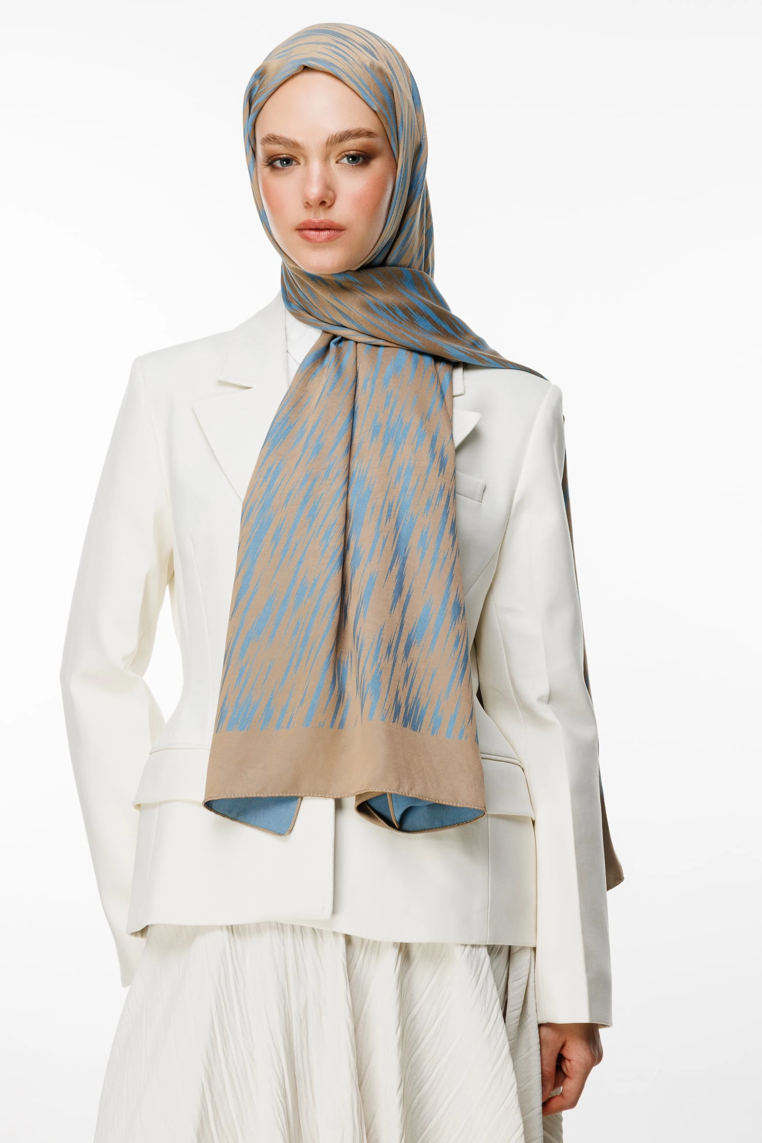 Toptan Selis Desen Çift Taraflı Şal - Vizon-Turkuaz