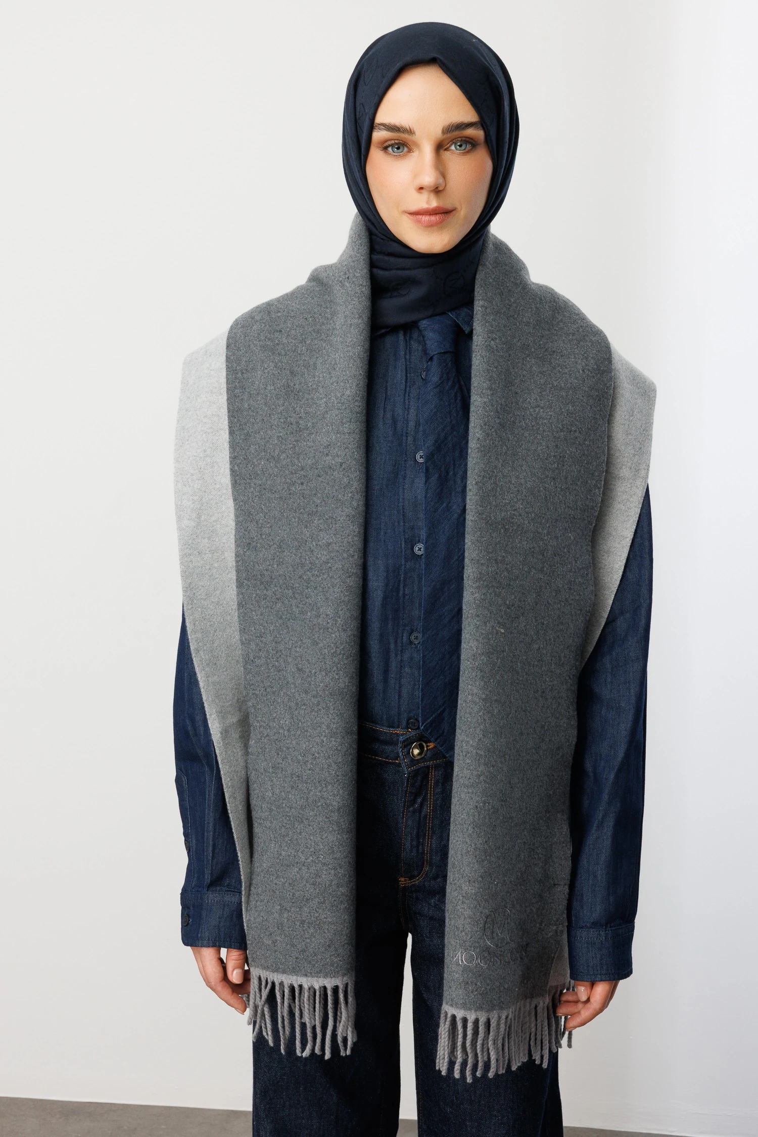 Toptan Çift Taraflı Yün Atkı - Gri Gümüş