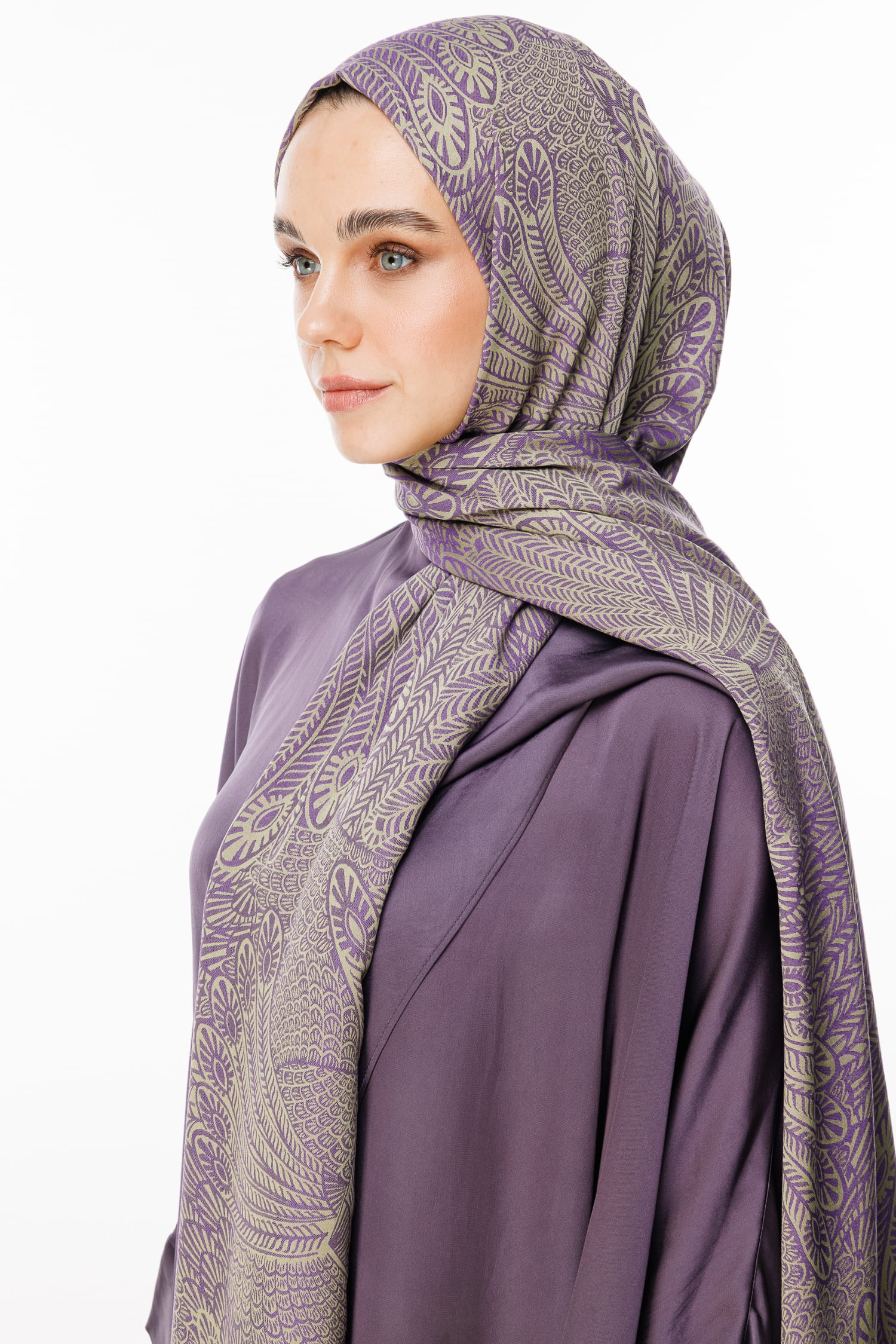 Toptan Mayra Desen Çift Taraflı Şal - Zeytin-Mor