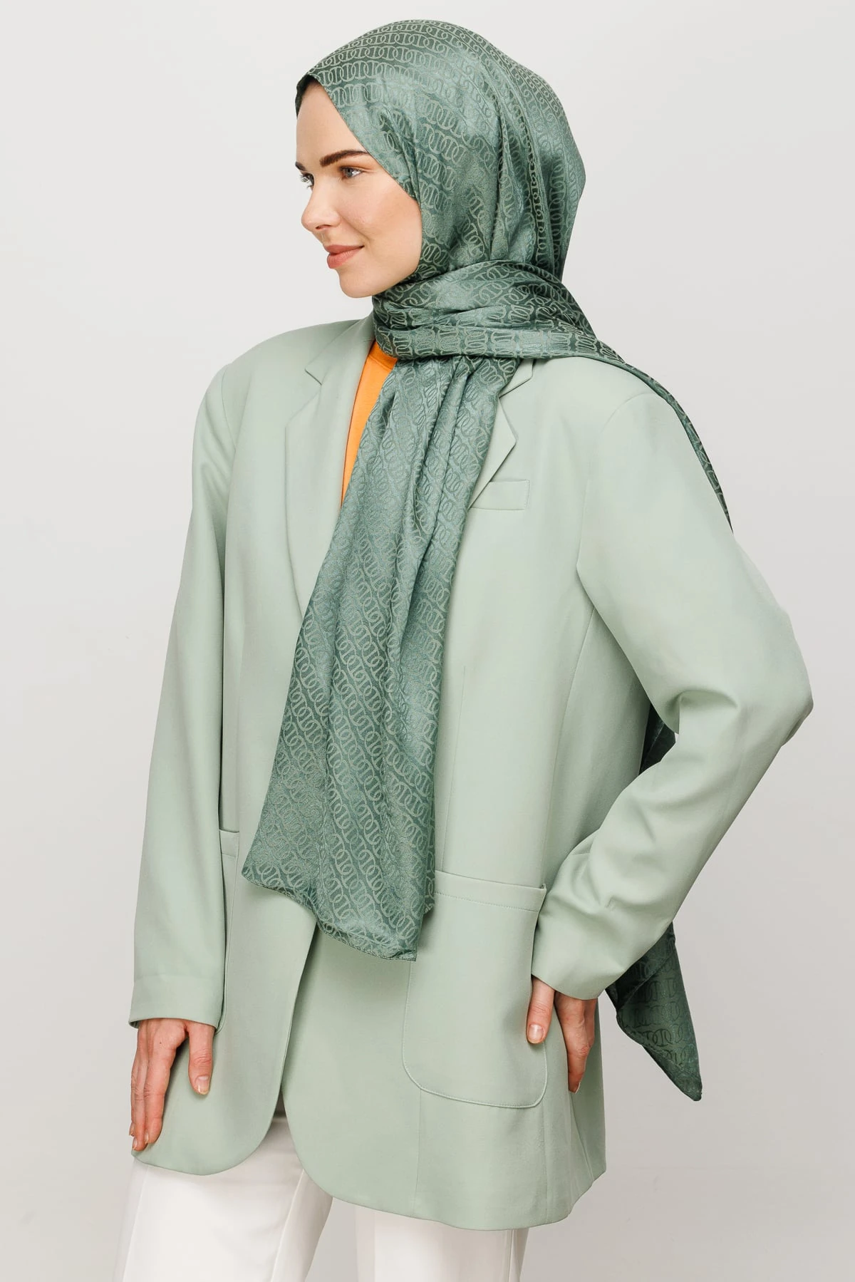 Toptan Forever Desen Parlak Jakar Şal - Küf Yeşili