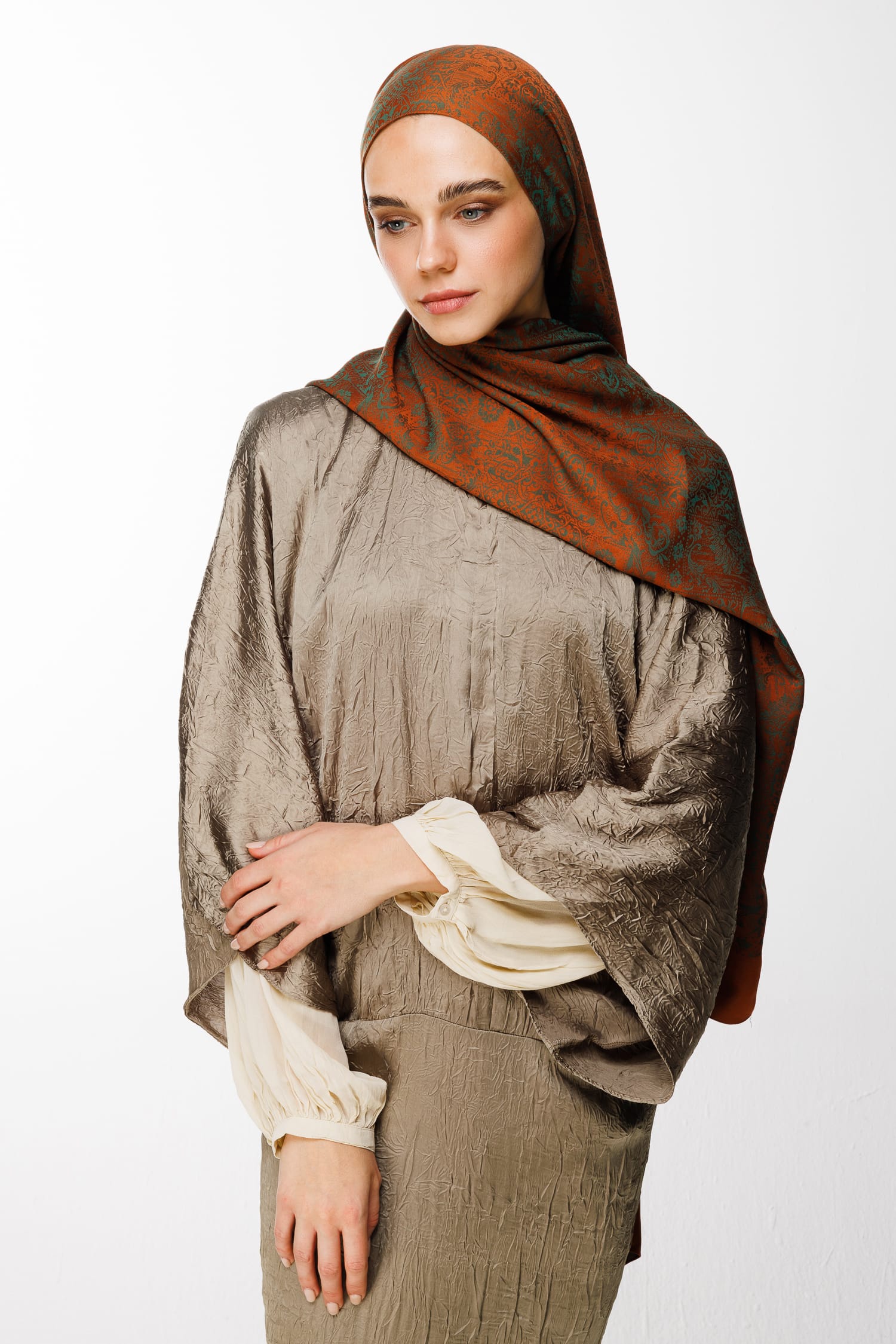 Toptan Henna Desen Çift Taraflı Şal - Tarçın-Zümrüt