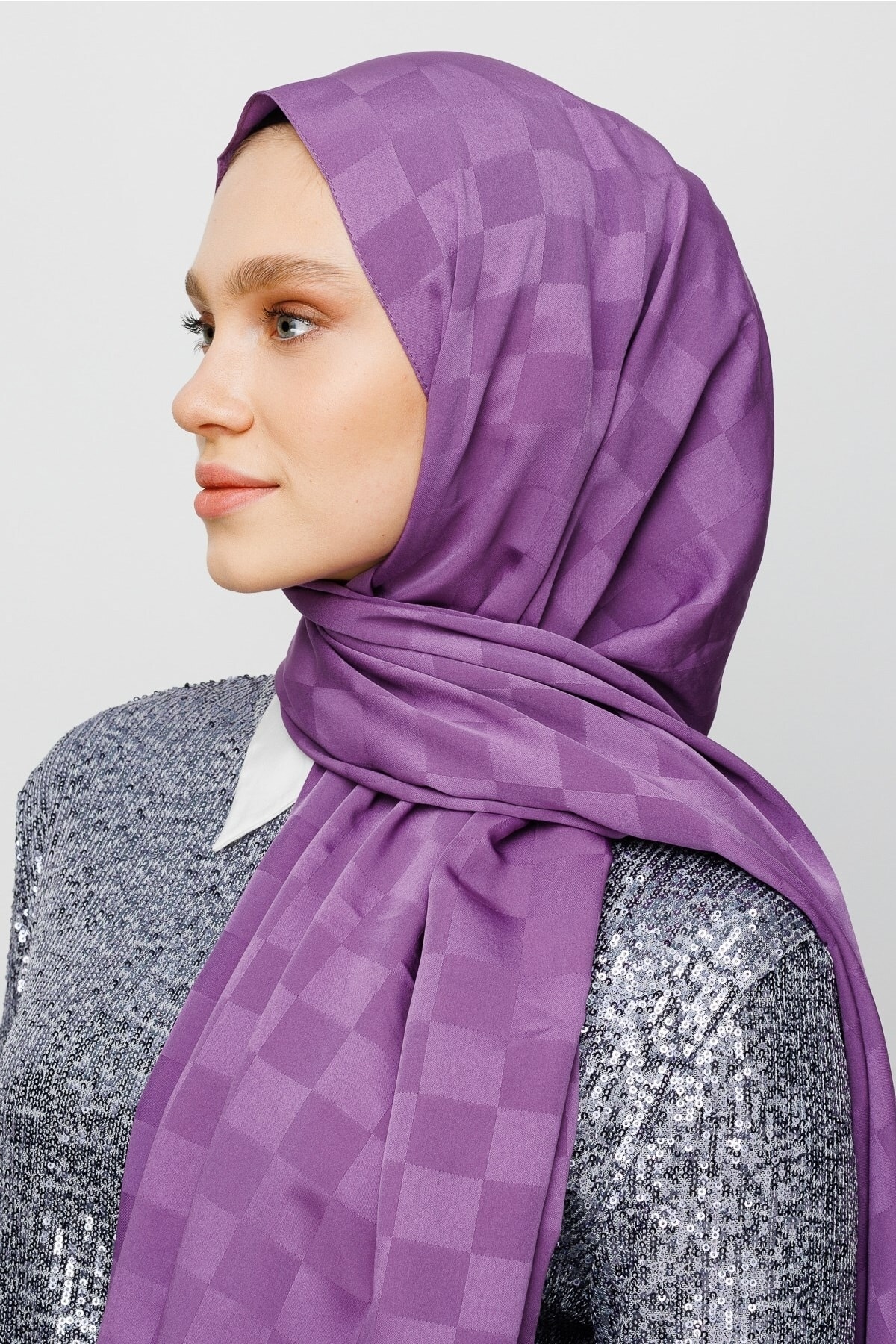 Checkers Pattern Silk Jacquard Shawl - Lavender