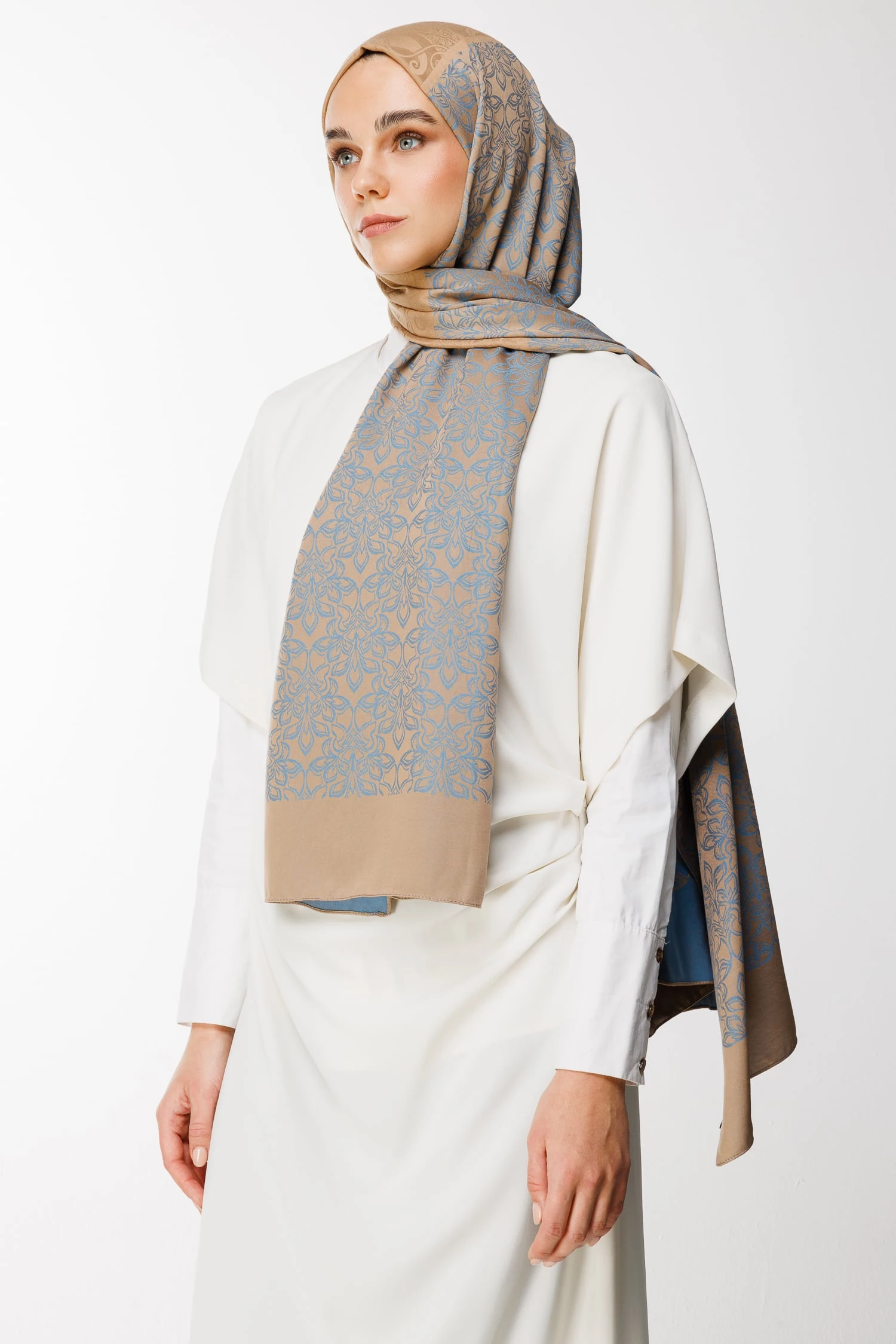 Toptan Nora Desen Çift Taraflı Şal - Vizon-Turkuaz