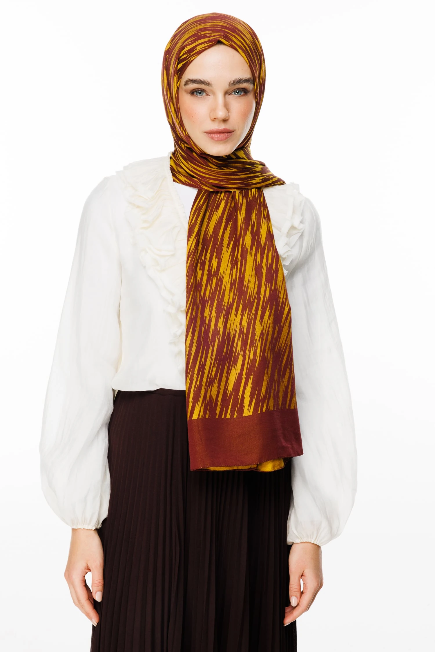 Toptan Selis Desen Çift Taraflı Şal - Mürdüm-Sarı