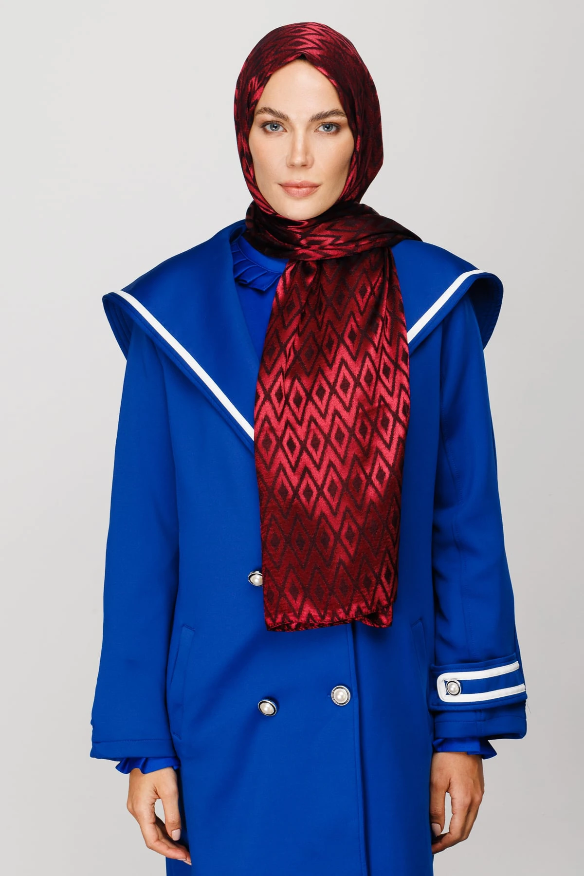 Toptan Karo Desen Parlak Jakar Şal - Bordo