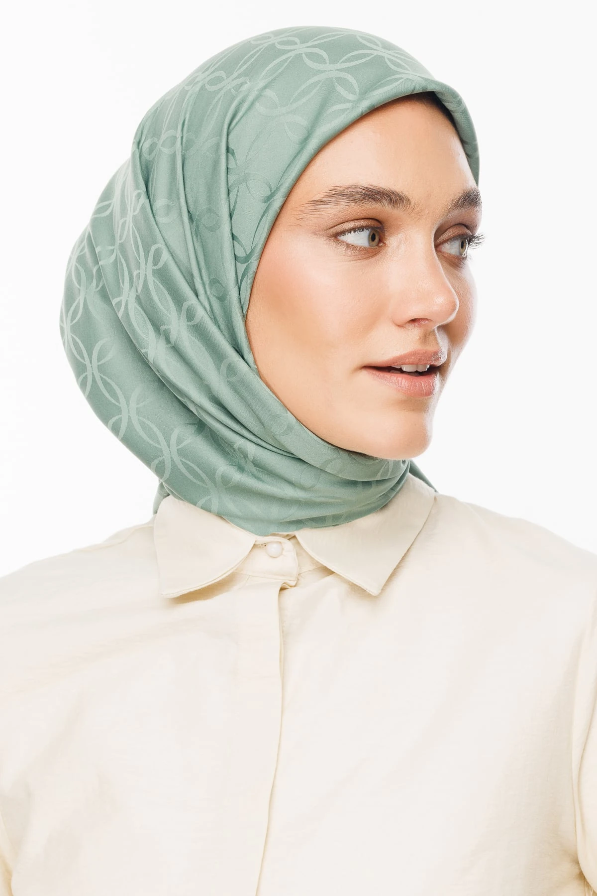 Toptan London Desen İpeksi Jakar Eşarp - Küf Yeşili