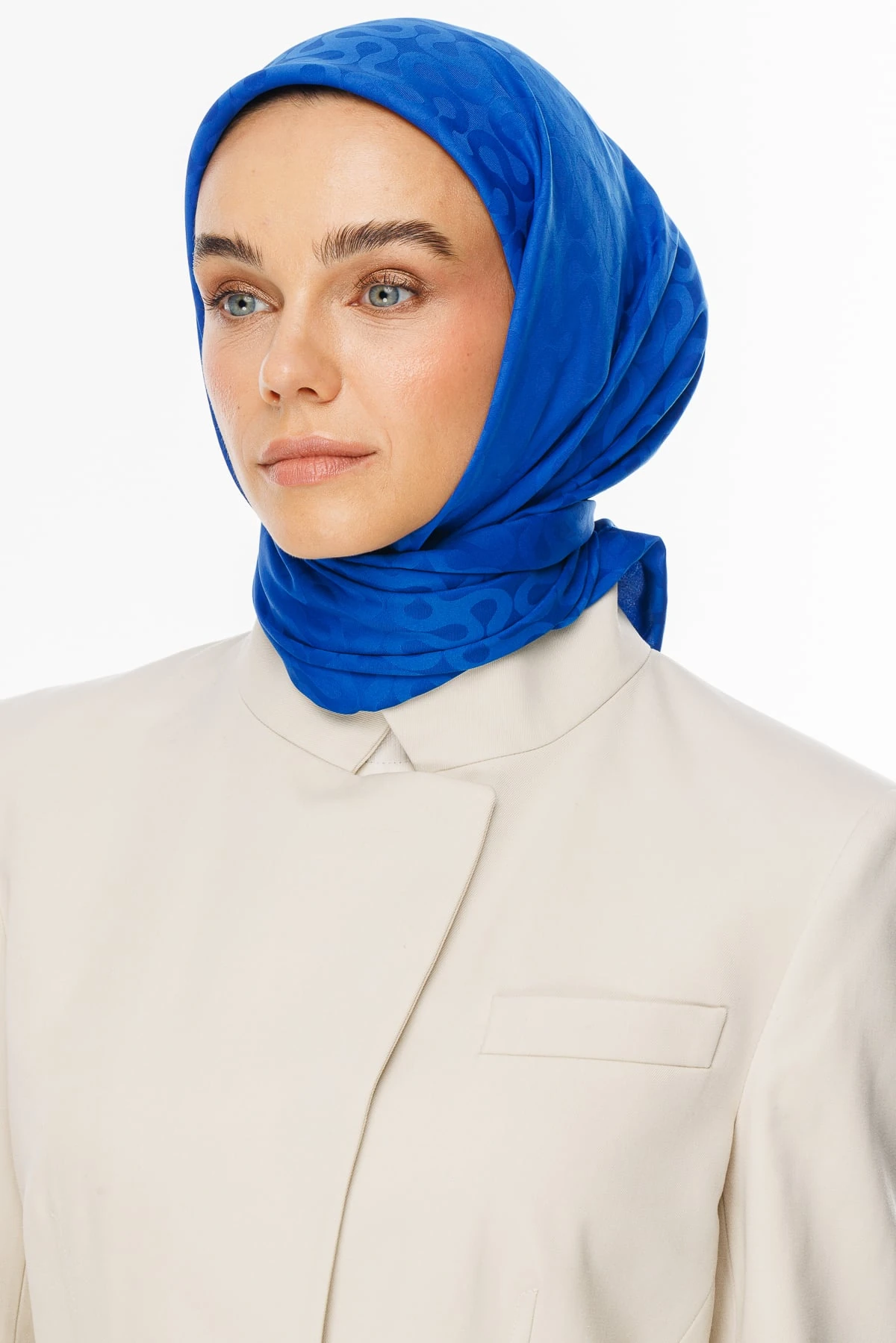 Toptan Moon Desen İpeksi Jakar Eşarp - Saks Mavi