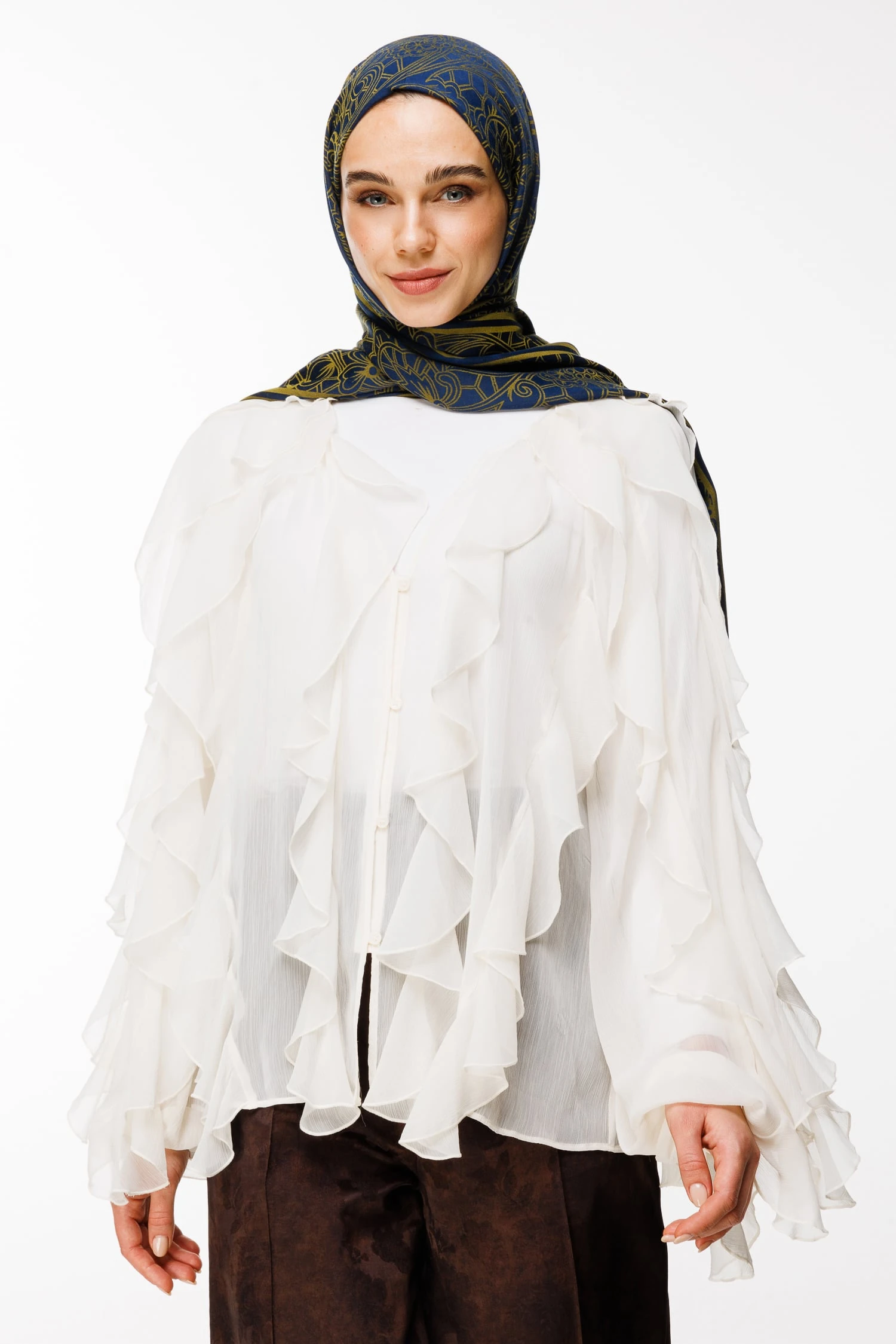 Toptan Lavin Desen Çift Taraflı Şal - Lacivert-Yağ Yeşili