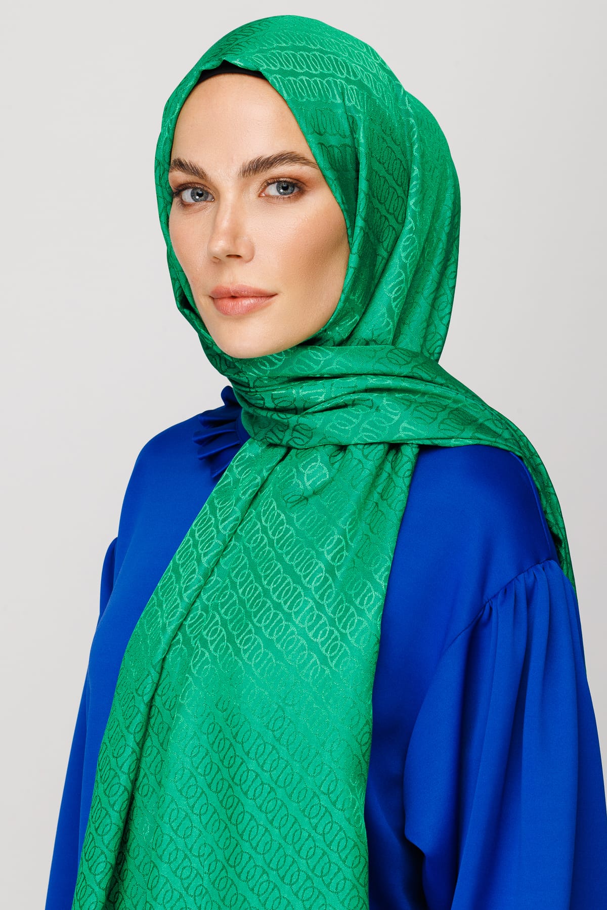 Wholesale Forever Pattern Shiny Jacquard Shawl - Benetton Green