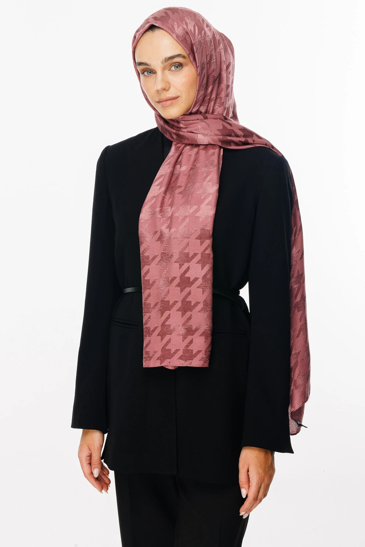 Wholesale Houndstooth Pattern Shiny Jacquard Shawl - Dried Rose