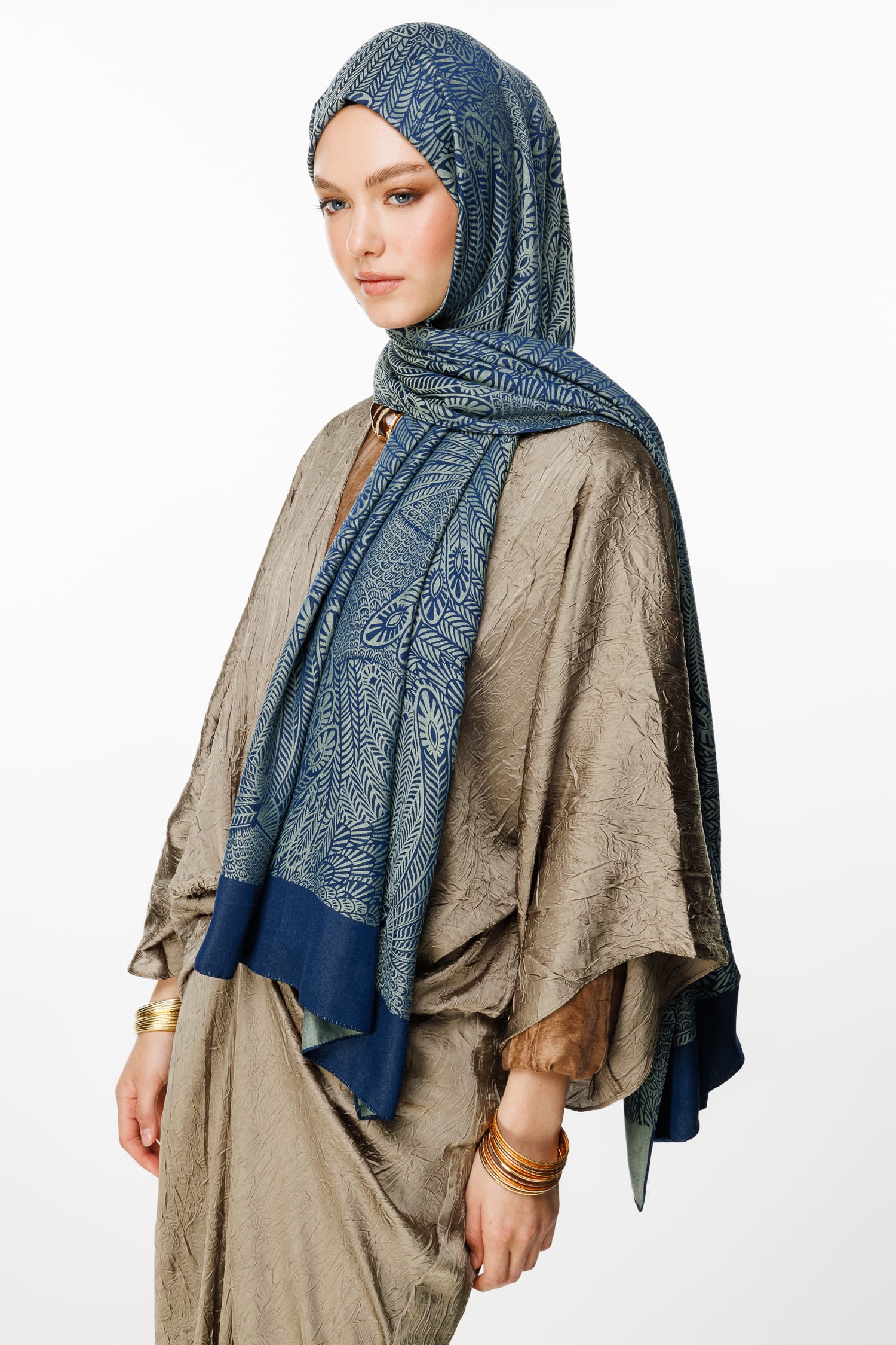 Toptan Mayra Desen Çift Taraflı Şal - Lacivert-Su Yeşili