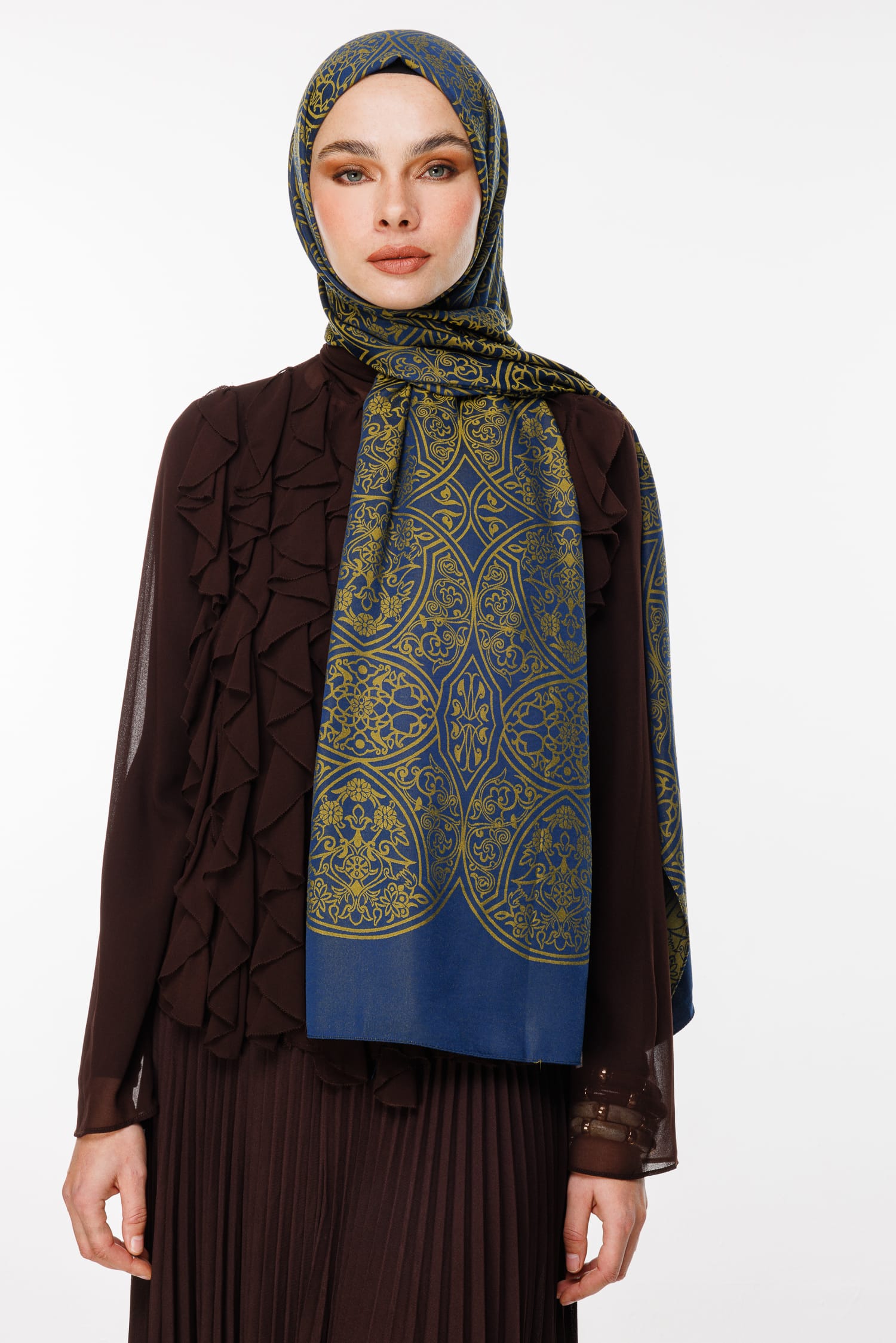 Morocco Pattern Double-Sided Shawl - Navy Blue-Oil Green