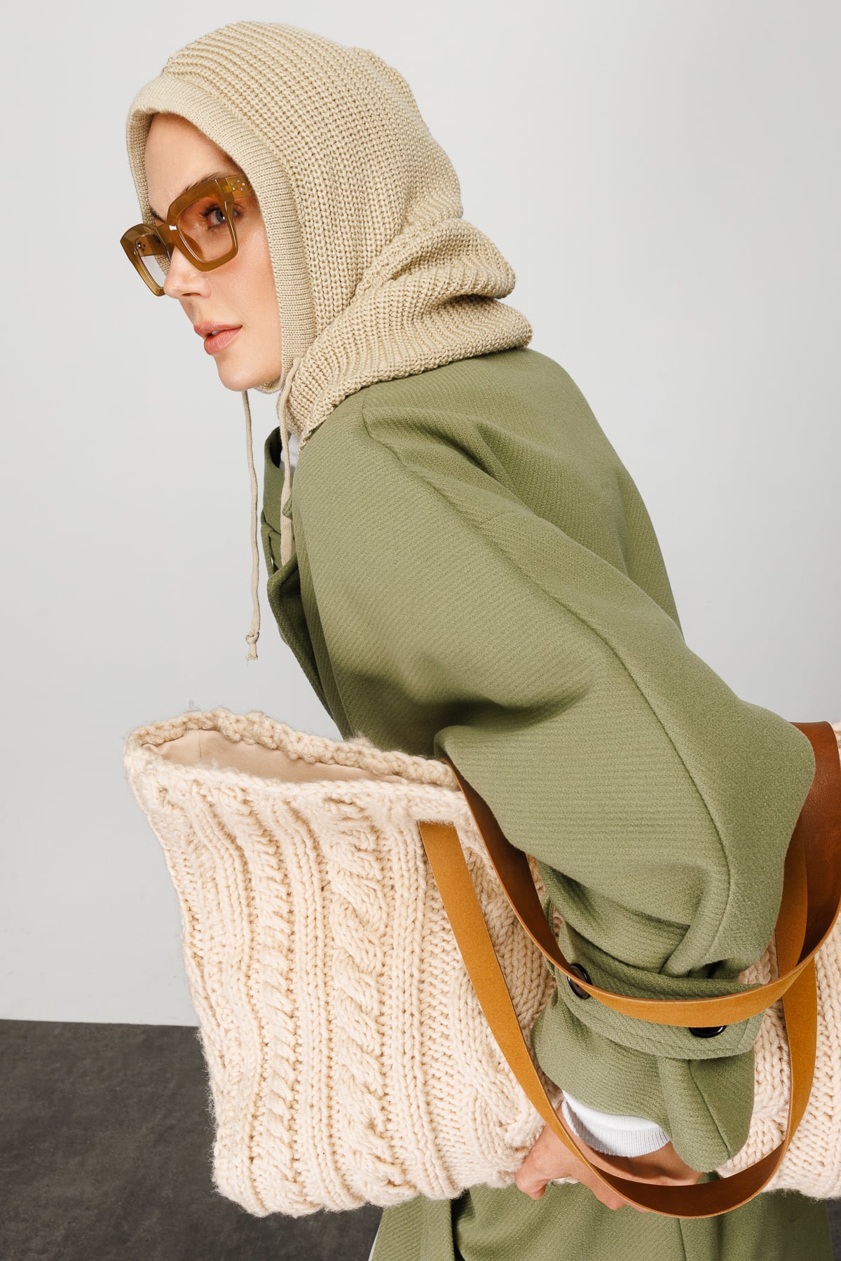 Toptan Balaclava Triko Başlık - Bej