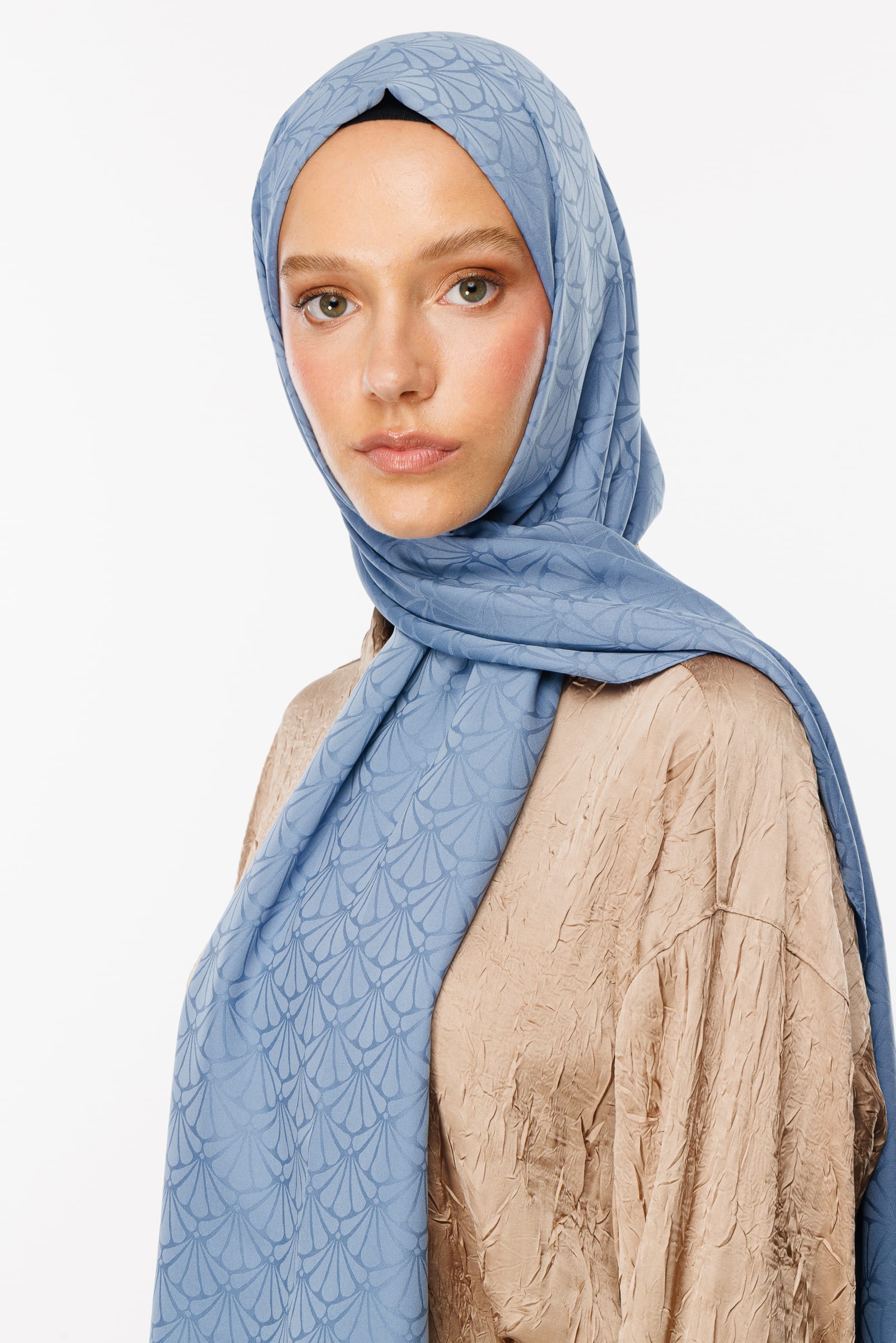 Toptan Lotus Desen İpeksi Jakar Şal - Gök Mavisi