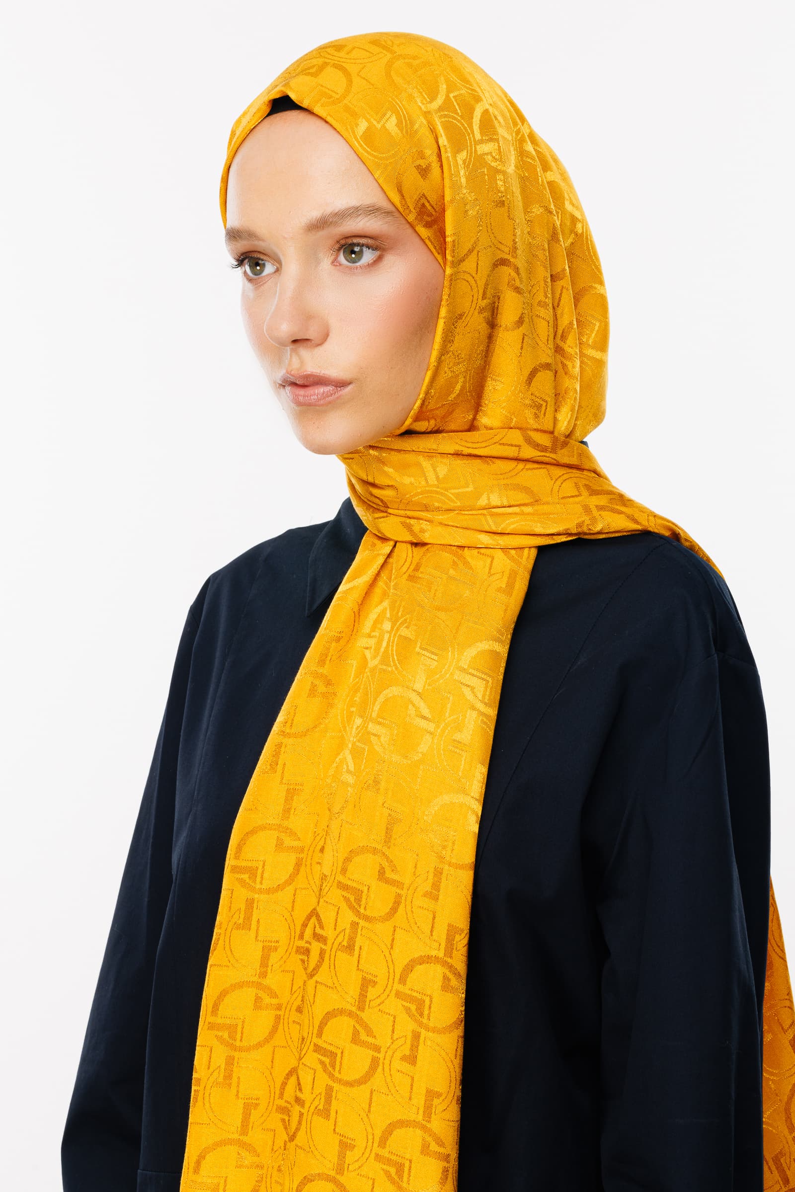 Toptan Longar Desen Parlak Jakar Şal - Safran