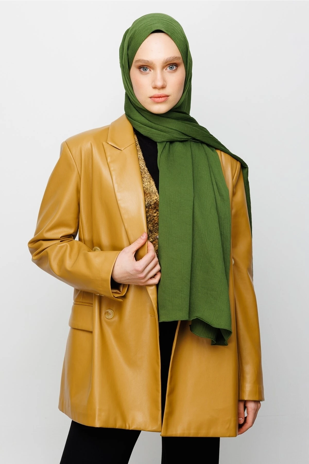 Toptan Krinkıl Medine İpeği Şal - Haki