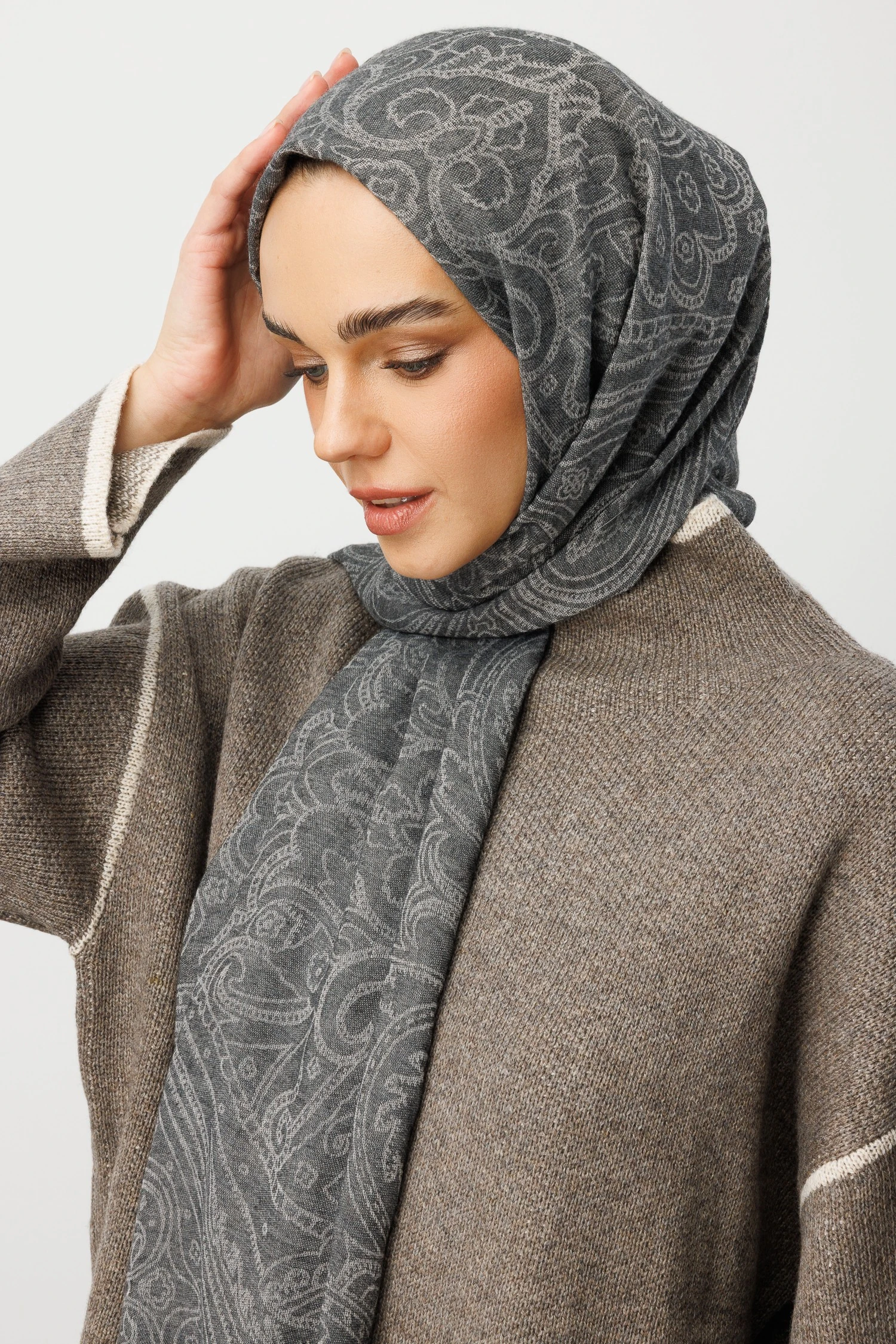 Toptan Rumi Desen Yün Kaşmir Şal - Füme