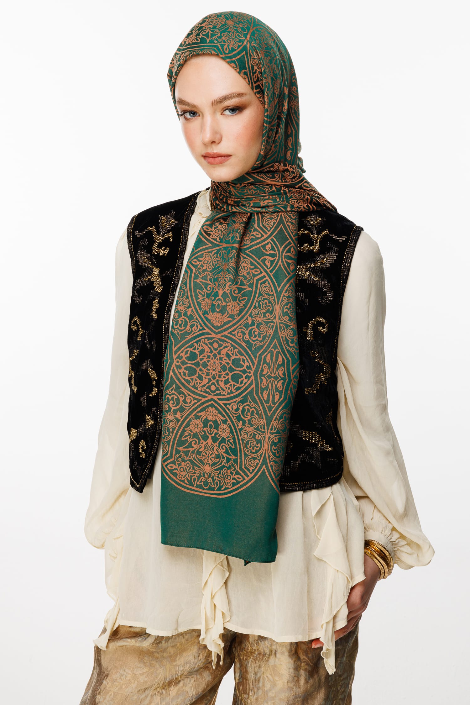 Morocco Pattern Double-Sided Shawl - Emerald-Apricot