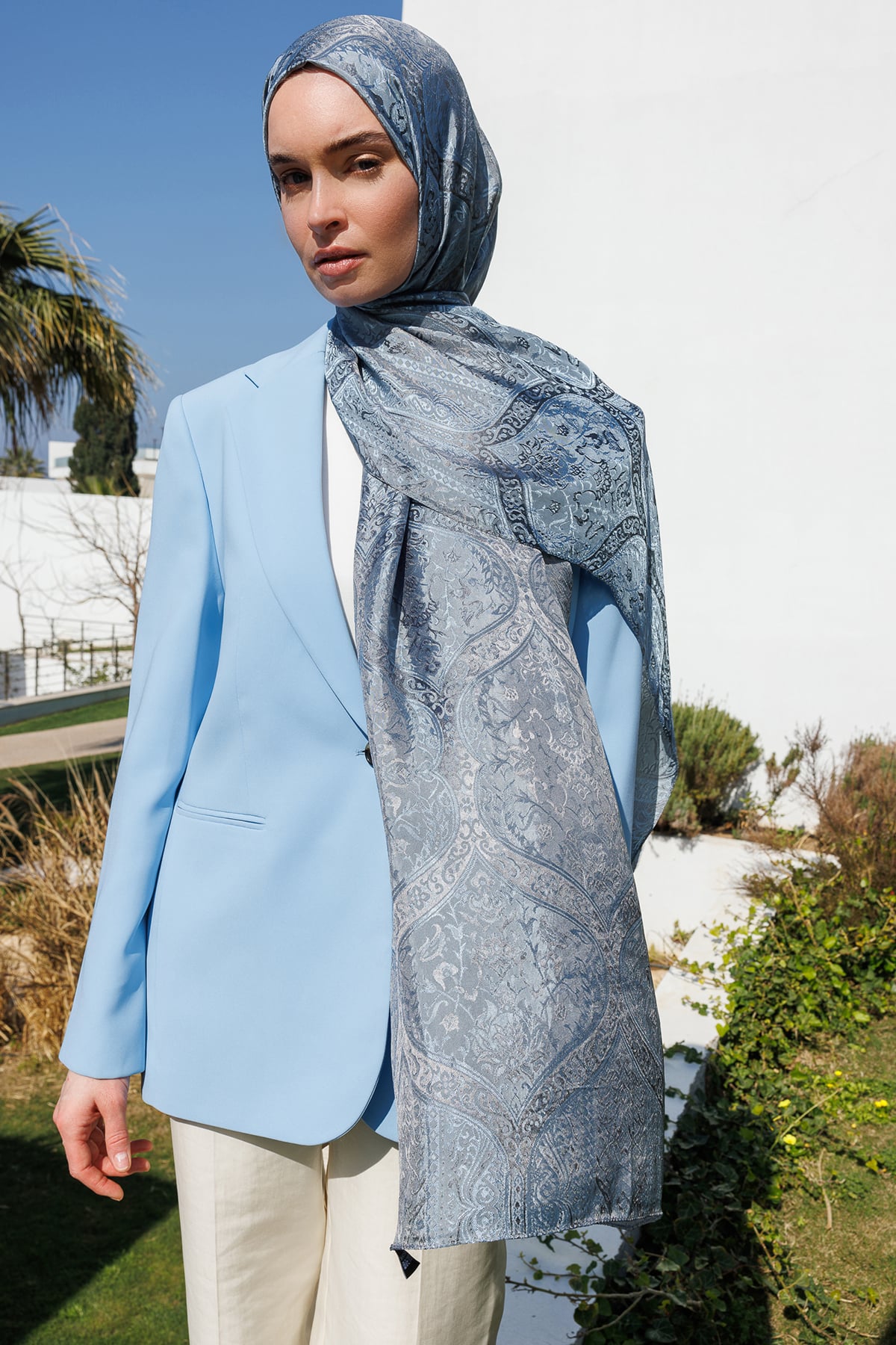 Shline Line Viscose Shawl - Dark Gray-Light Blue