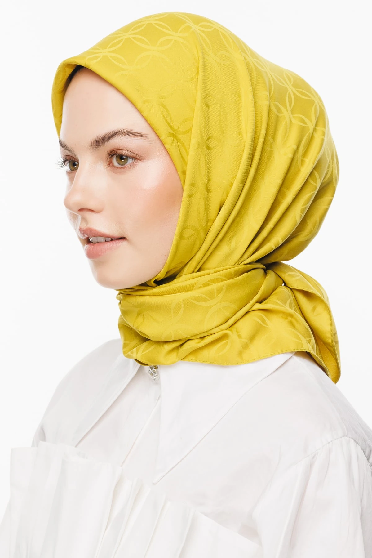 Toptan London Desen İpeksi Jakar Eşarp - Oliv Yeşili