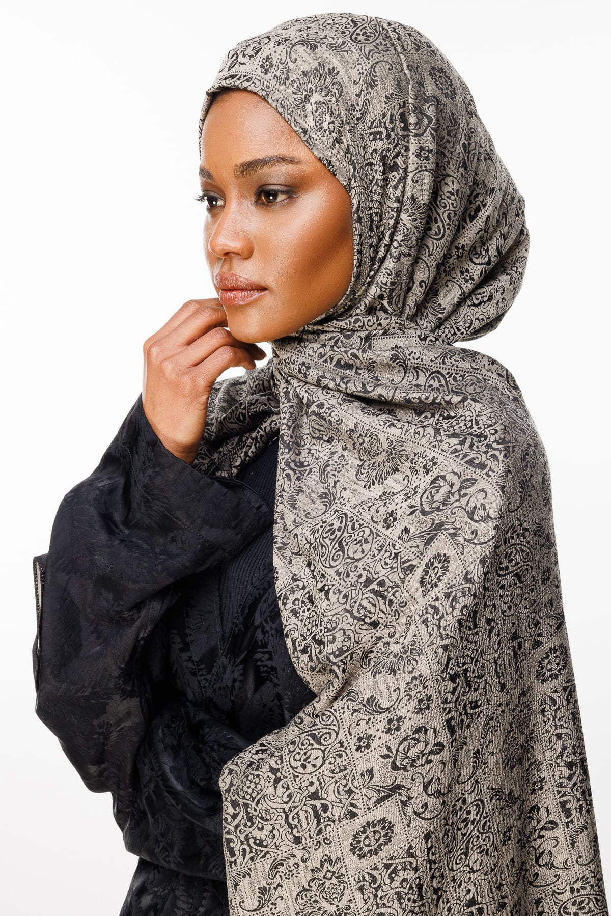 Toptan Henna Desen Çift Taraflı Şal - Siyah-Bej