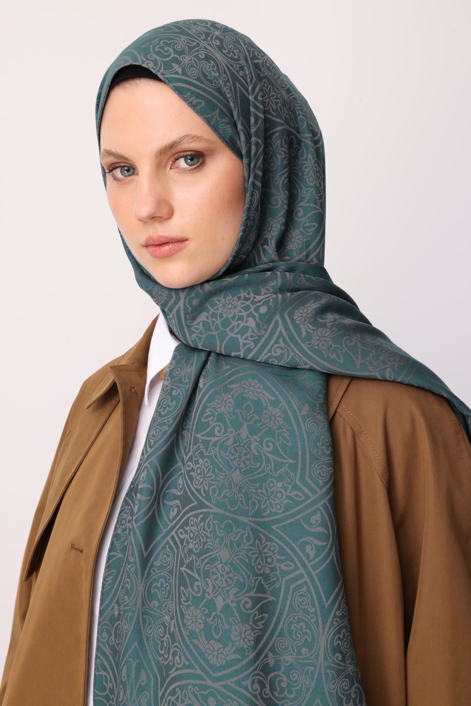 Toptan Morocco Desen Çift Taraflı Şal - Koyu Gri-Zümrüt