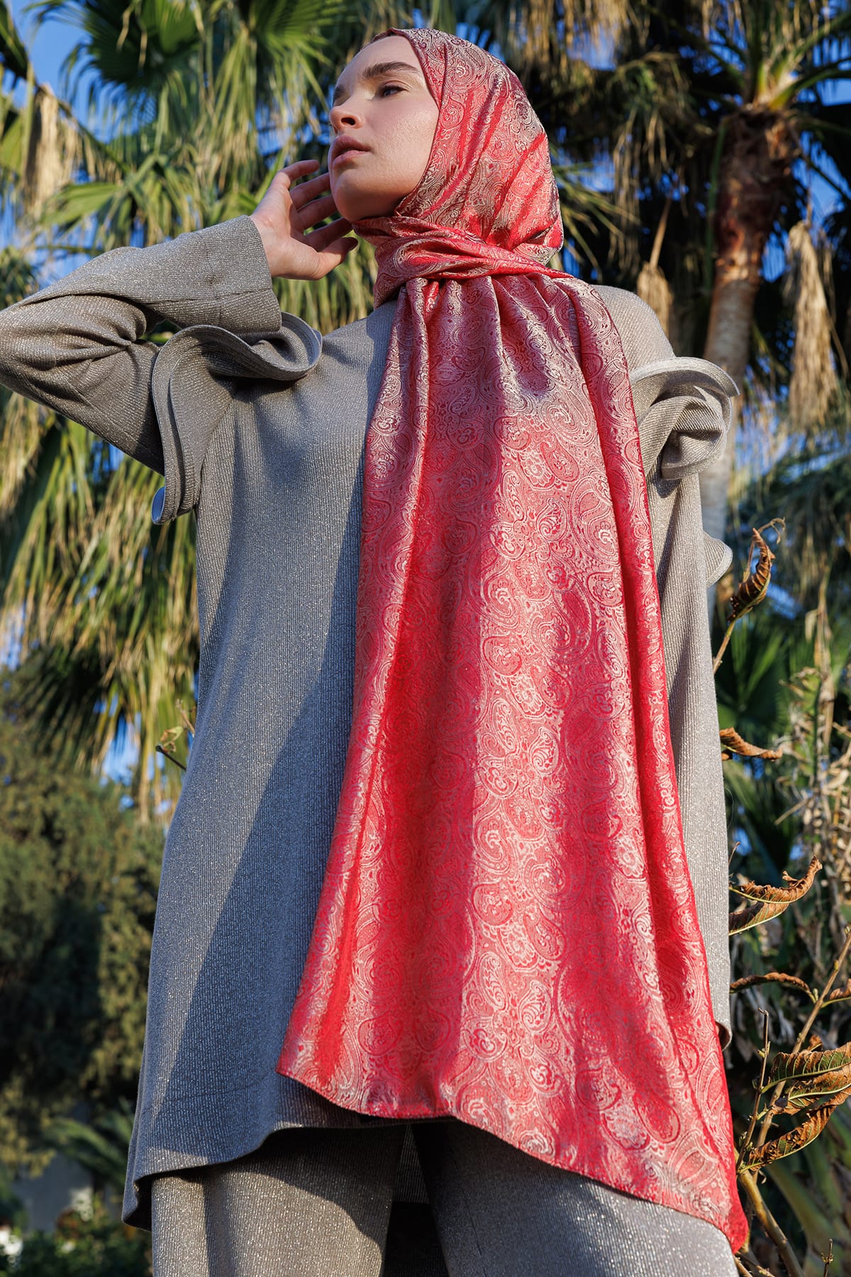 Moren Pattern Shine Line Shawl - Burgundy-Mint Green