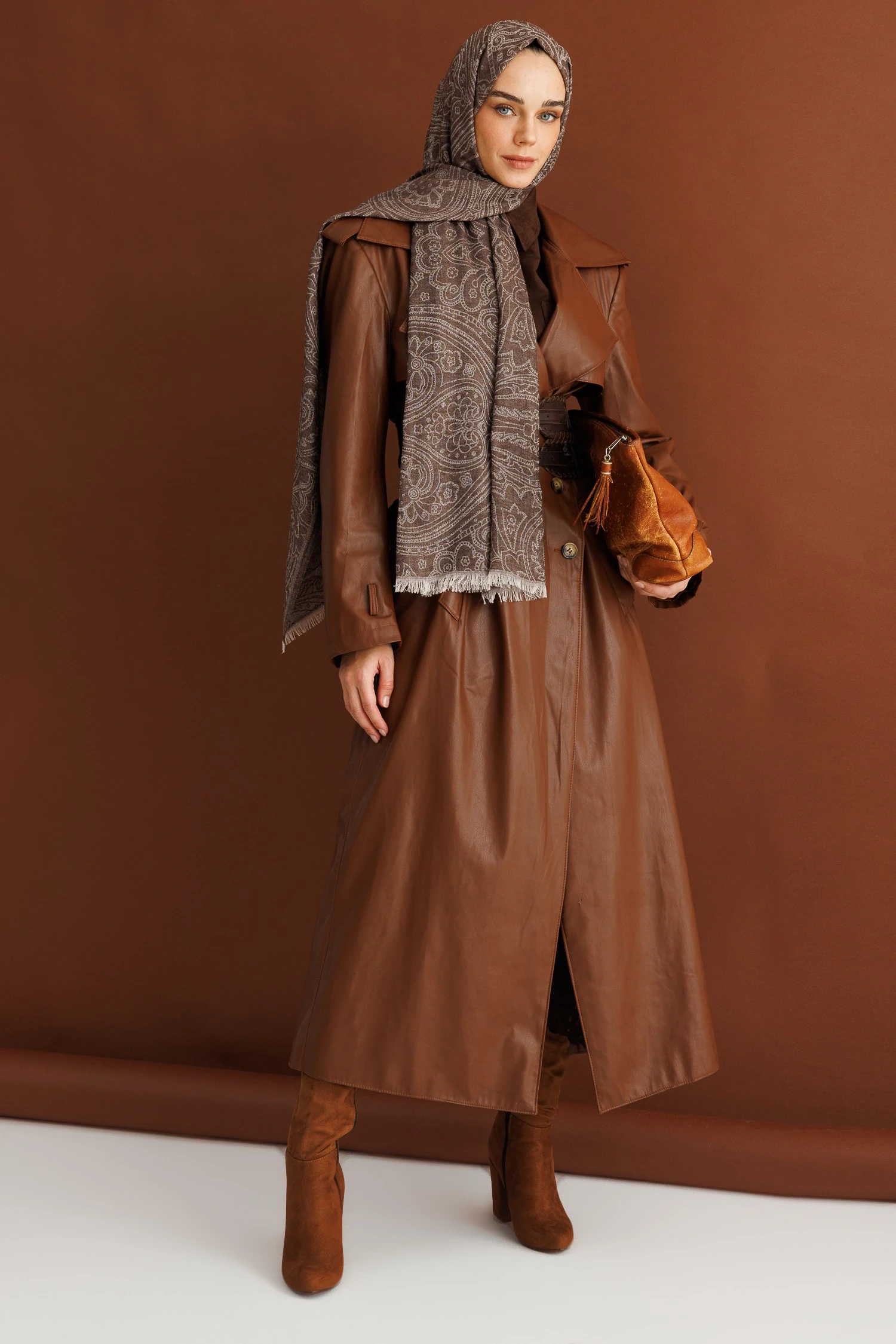 Toptan Rumi Desen Yün Kaşmir Şal - Acı Kahve