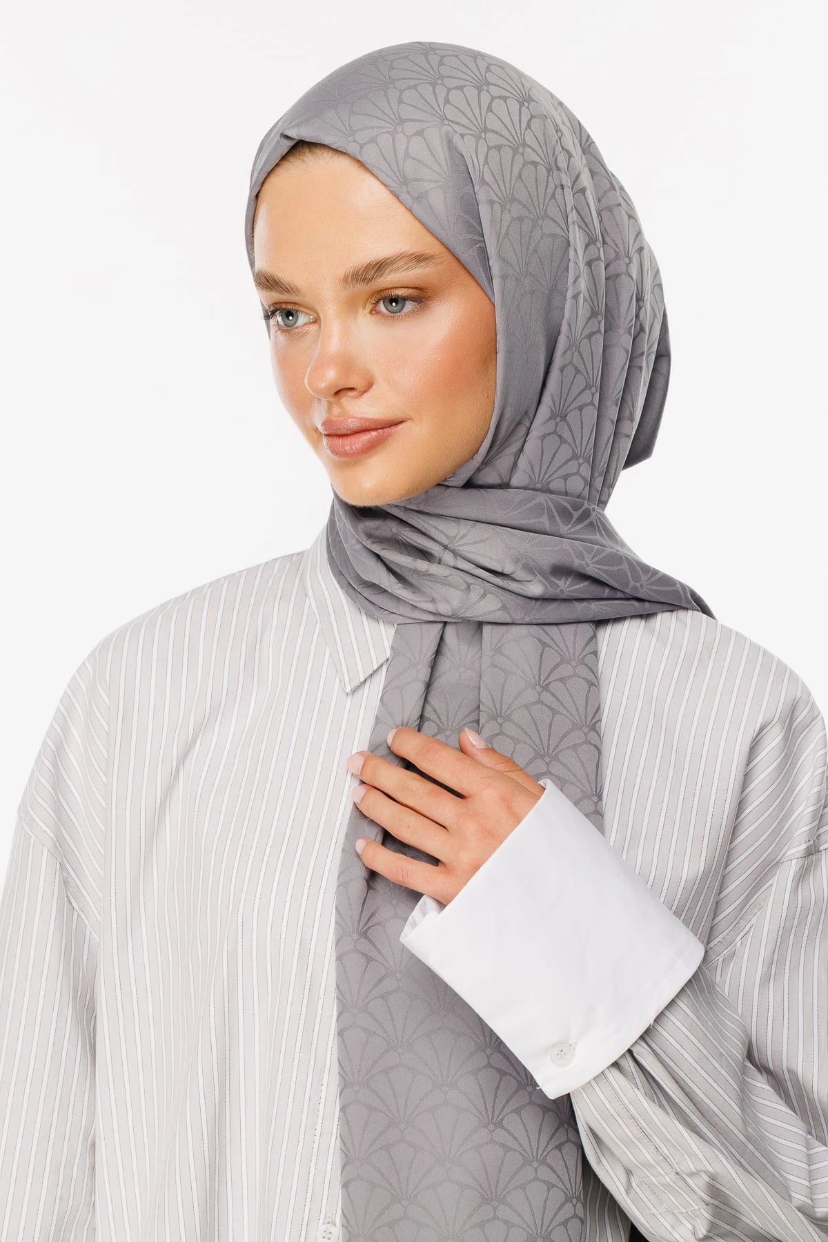 Toptan Lotus Desen İpeksi Jakar Şal - Gri