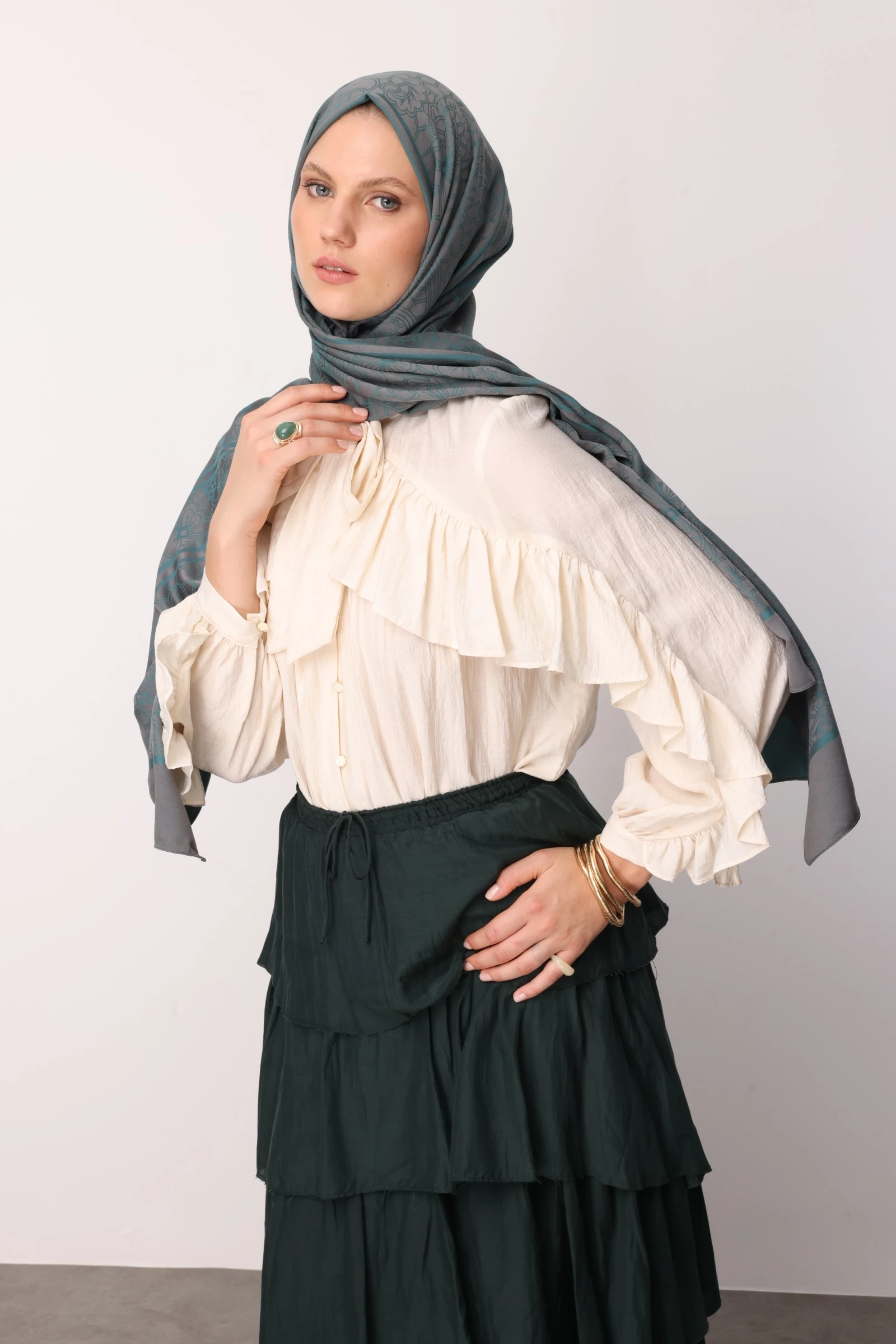 Toptan Lavin Desen Çift Taraflı Şal - Koyu Gri-Zümrüt