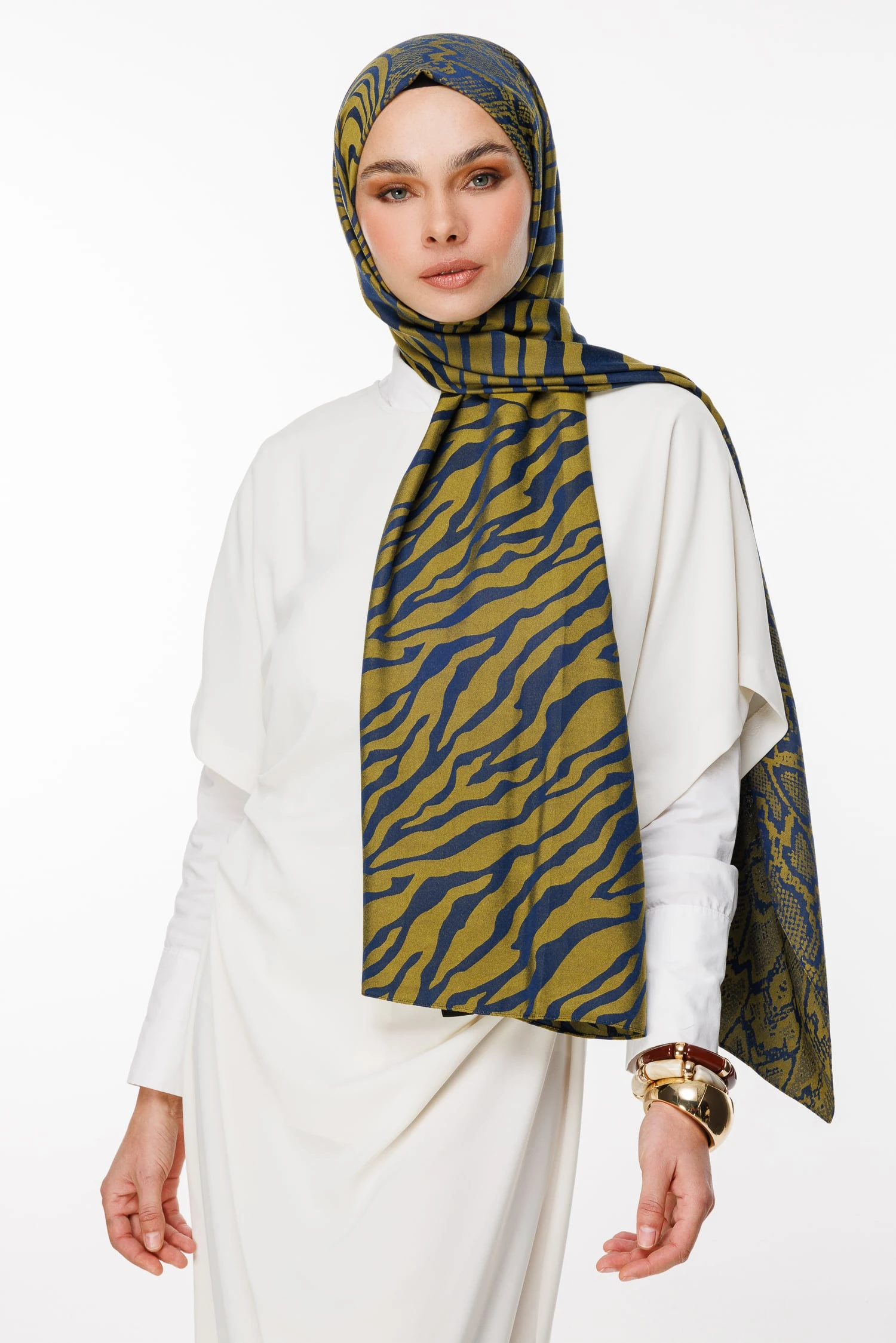 Riad-Pattern Reversible Shawl - Navy Blue-Oil Green