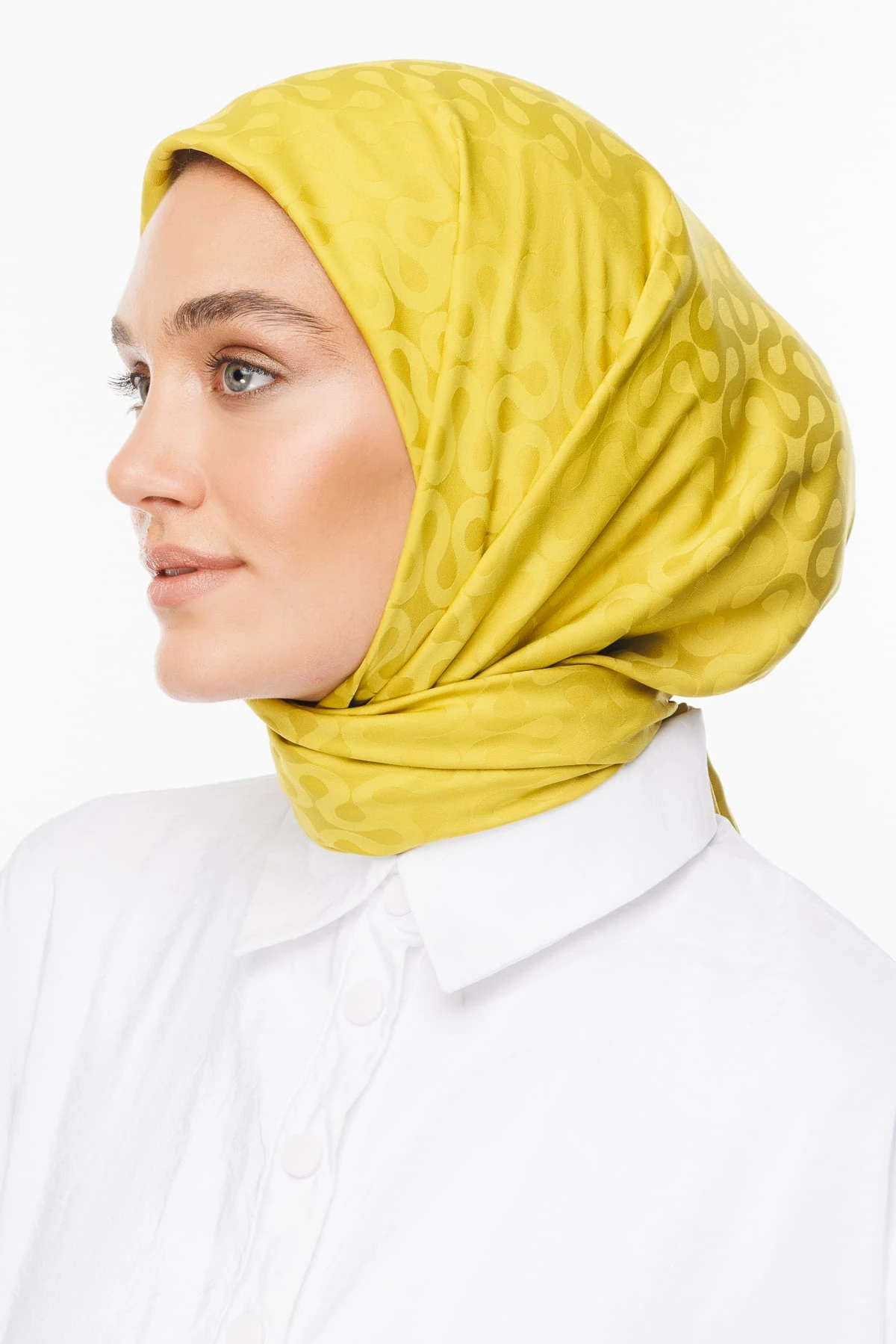 Toptan Moon Desen İpeksi Jakar Eşarp - Oliv Yeşili