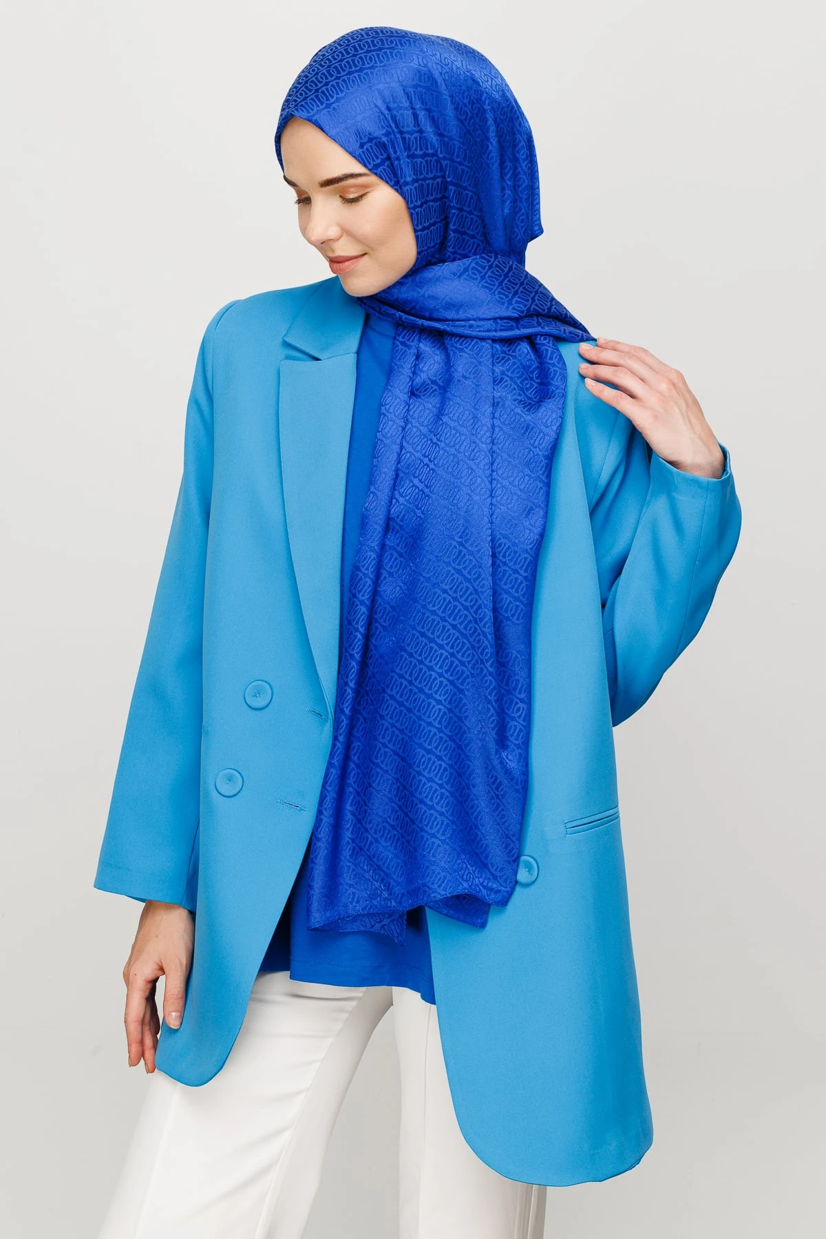 Toptan Forever Desen Parlak Jakar Şal - Saks Mavi