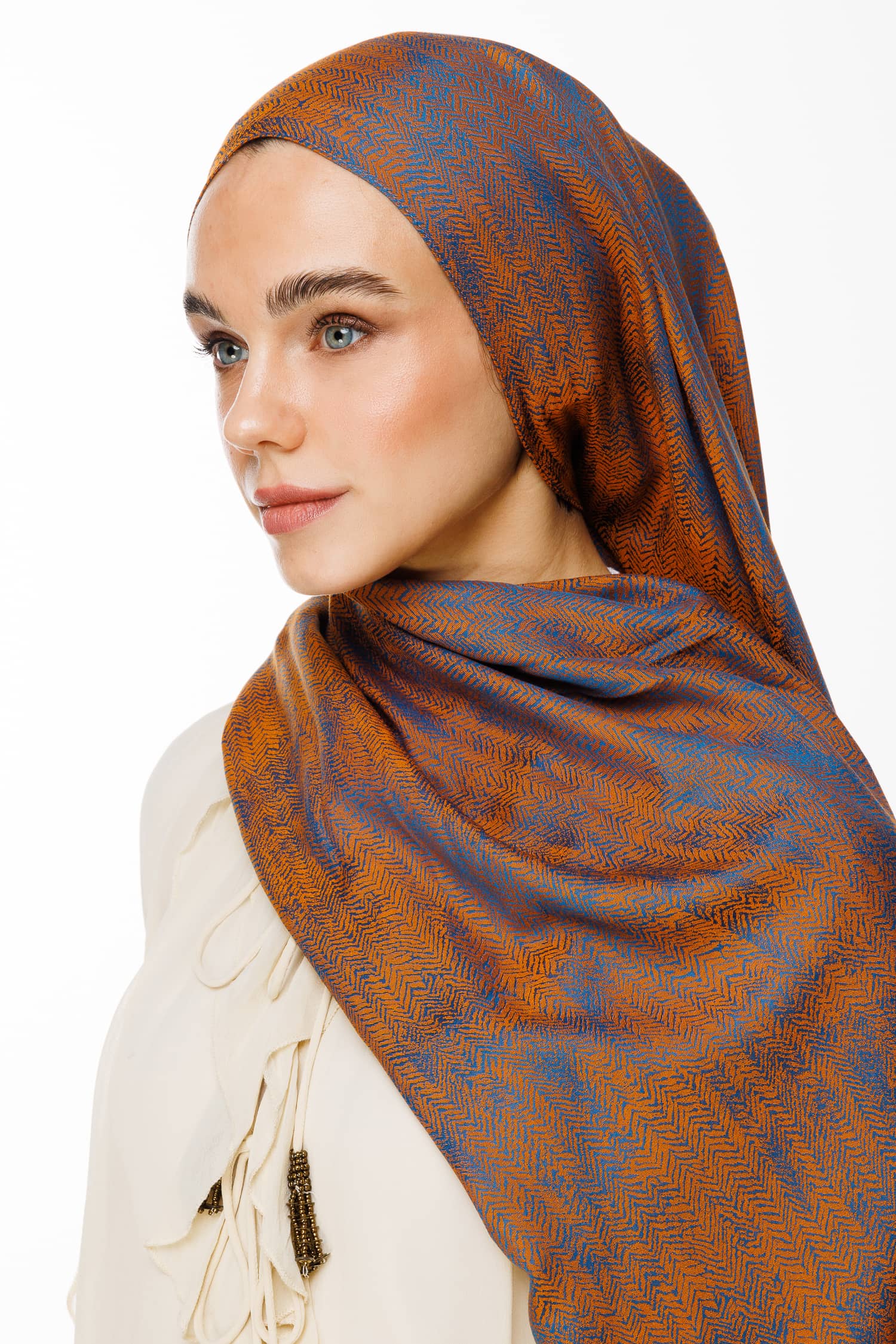 Toptan Sahra Desen Çift Taraflı Şal - Petrol Mavisi-Turuncu