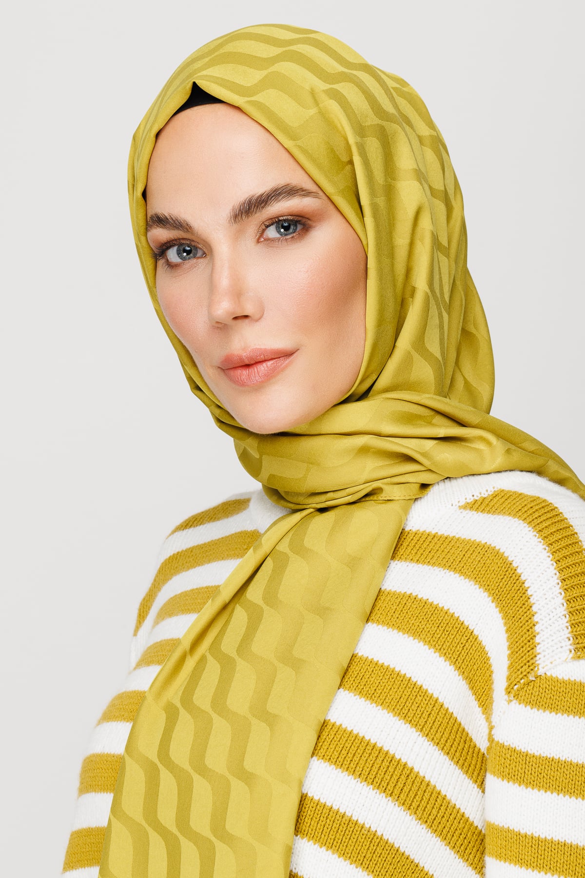 Toptan Dalga Desen İpeksi Jakar Şal - Oliv Yeşili