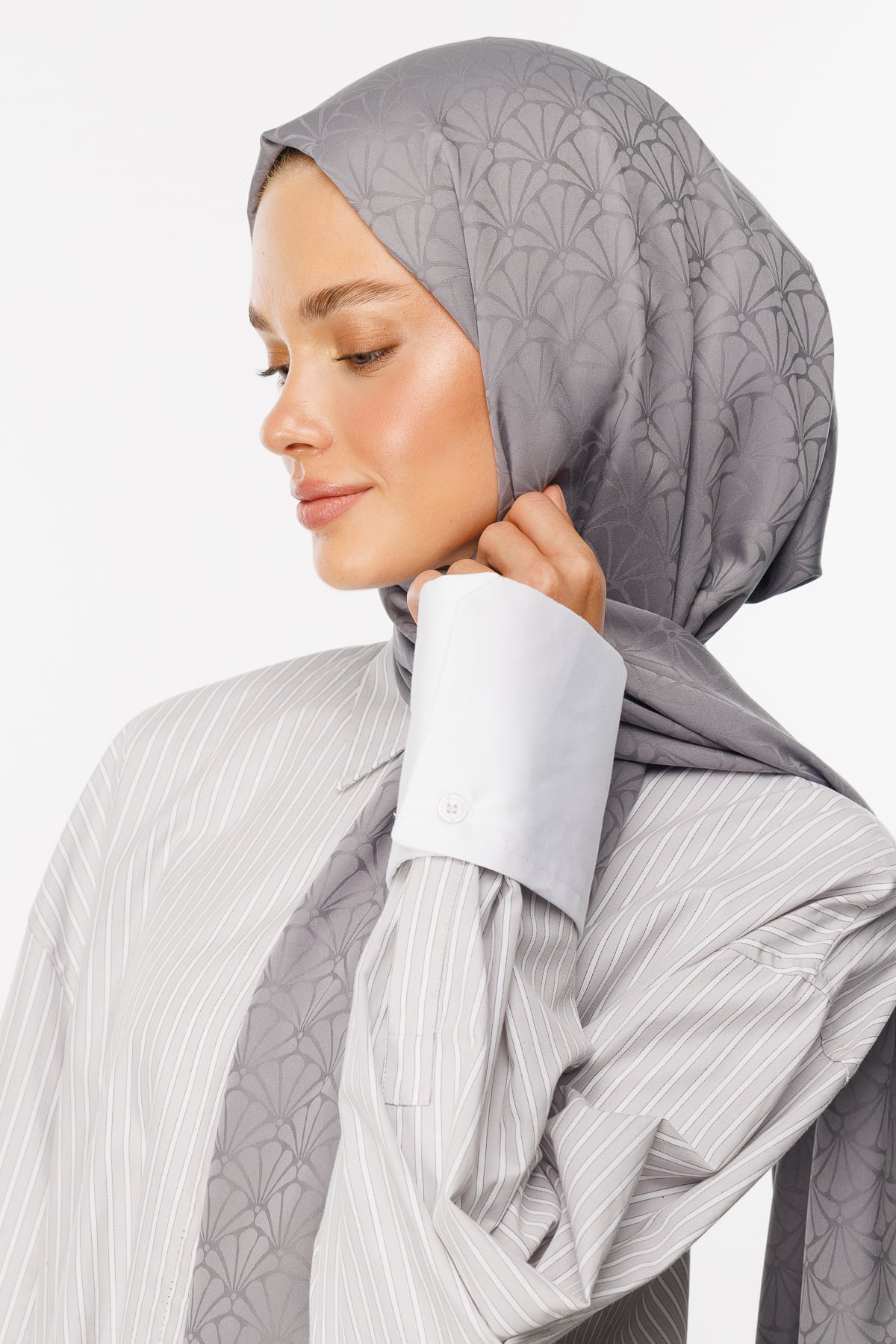 Toptan Lotus Desen İpeksi Jakar Şal - Gri