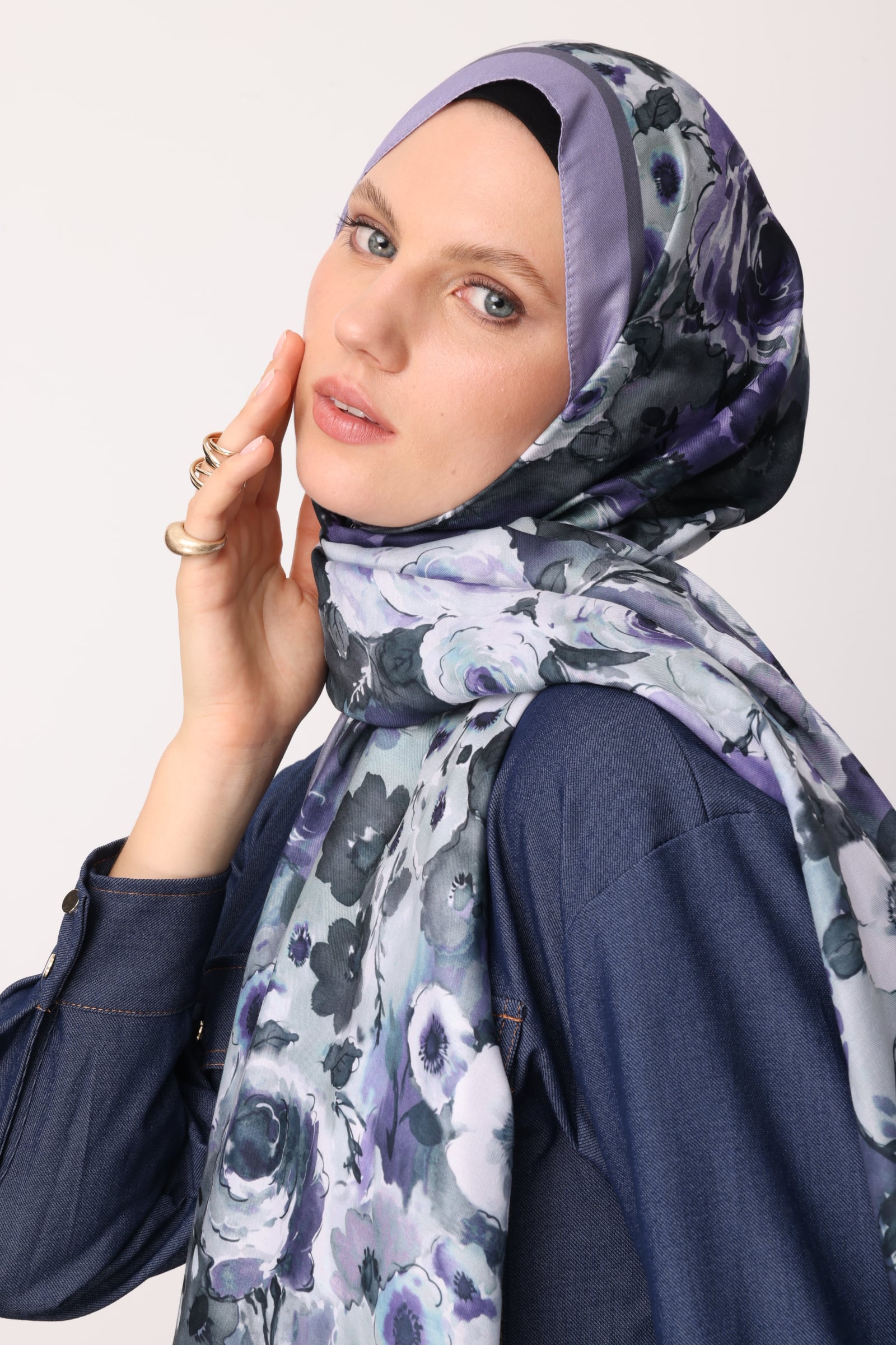 Toptan Vensel Desen Pamuk Şal - Mavi