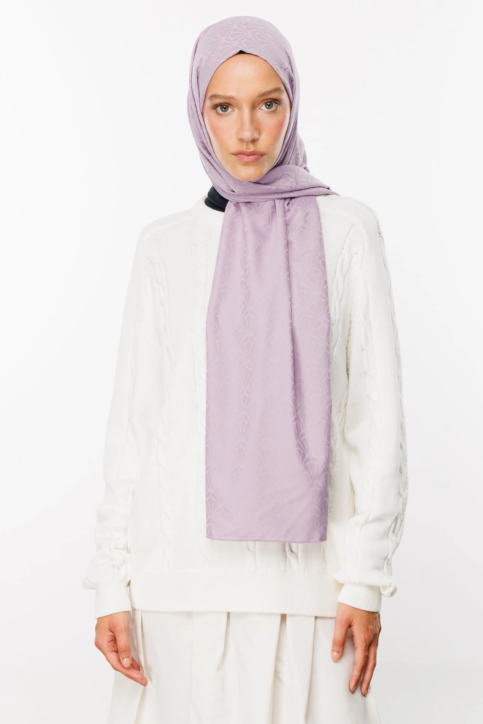 Toptan Lotus Desen İpeksi Jakar Şal - Lila